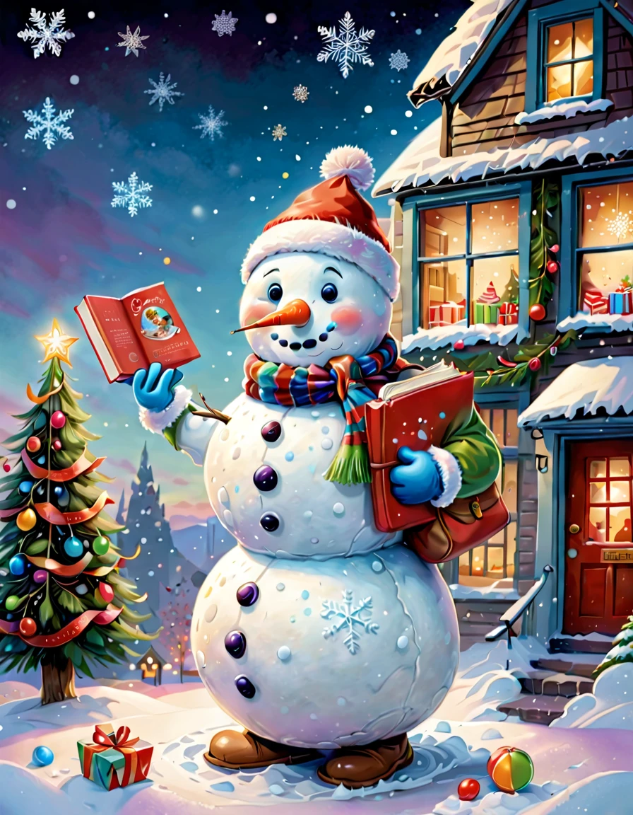 (Faraway view: 1.8), christmas,(Cute Christmas snowman holding a book and bag of candy, Pour the snowflakes into a bowl,Robin stands on the snowman's head),Christmas elements,illustratio, Children's book illustration, inspired by Doug Ohlson, Add details, sugar snow, delicacy, festivity, snowflower, Paintings by Alison Debenham, cover illustration,超高分辨率, illustratio, Christmas evening, extremely high resolution, hyper realisitc,Exquisite、Best quality、ultra - detailed、nice、Positioning details、colorful colorful