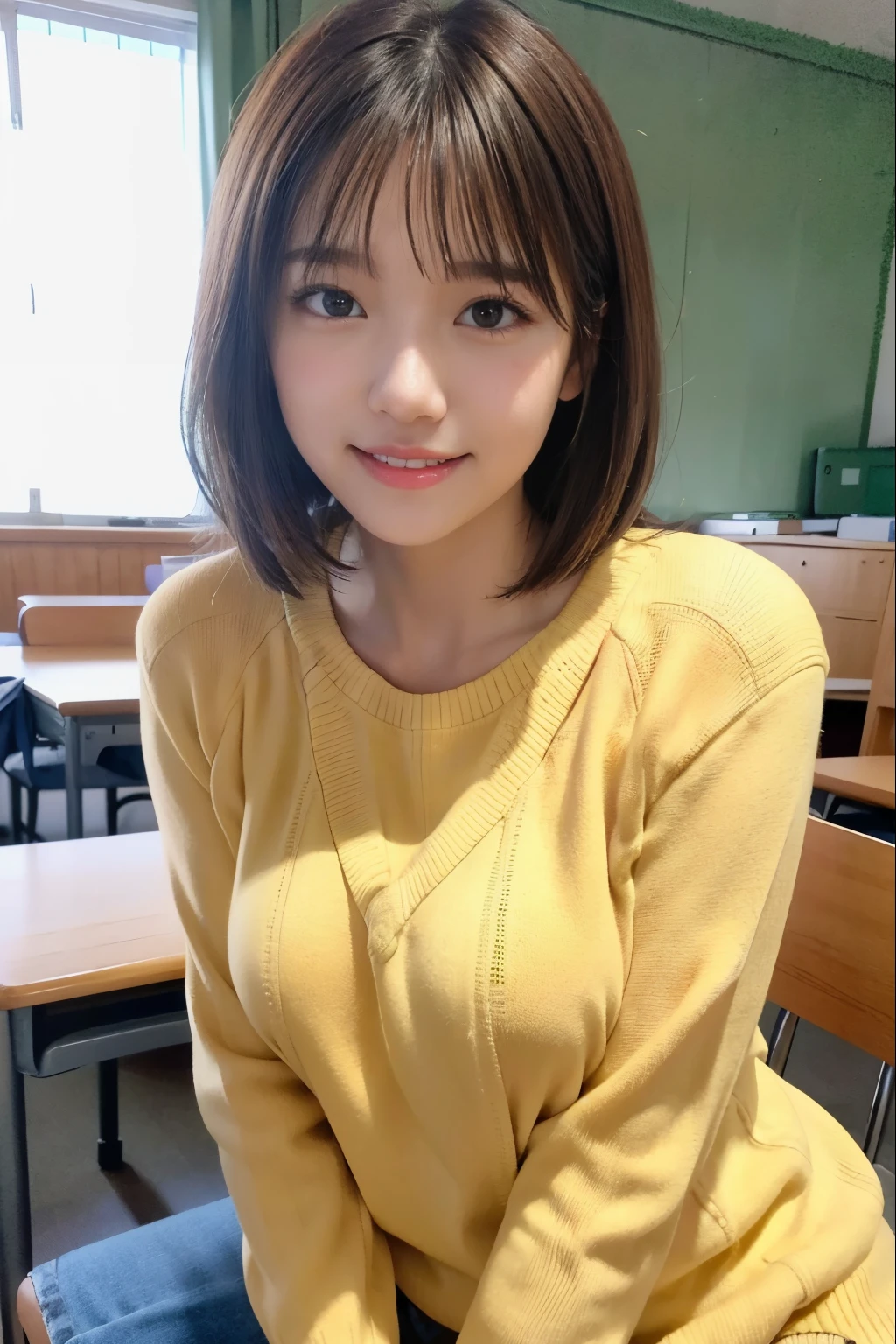 randome pose、top-quality、超A high resolution、(Photorealsitic:1.5)、女の子1人、yellow tokkuri sweater、A smile、(Brown hair:1.2)、(huge-breasted:1.2)、‎Classroom、looking at viewert、a closeup、full body Esbian、Nasty eyes