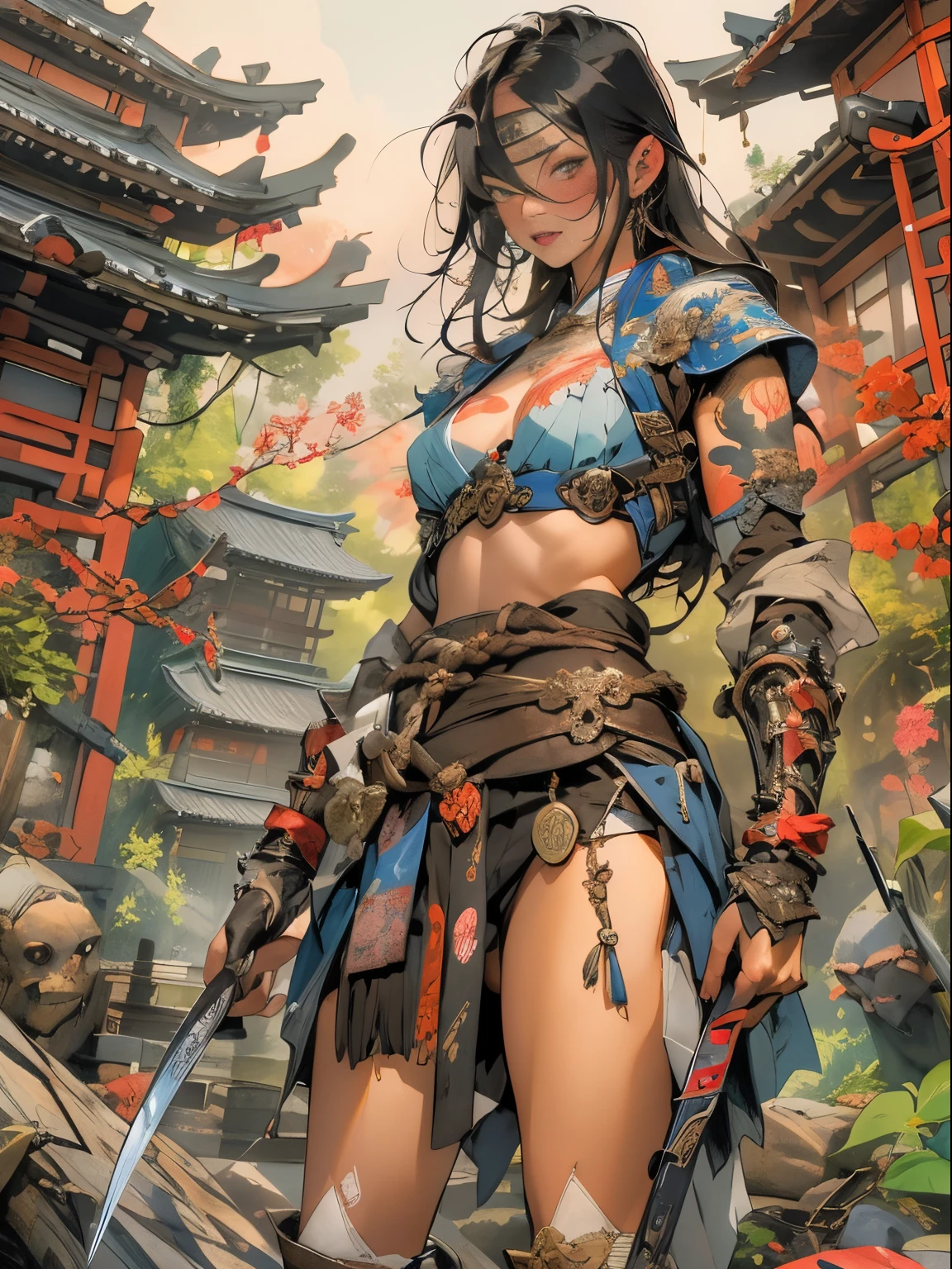 (((woman))), (((best qualityer))), (((tmasterpiece))), (((AS-))), ((( Japanese ))), Look up from your knees, A beautiful asian samurai woman with perfect body, Modern samurai, ((( Asian))), Wear gloves on your hands，The left arm  made of steel and metal tipade of protective devices, The eyes are pulled, (( Appears below the breast )), (( Small dental floss )), Simon Bisley, Almost naked（Simon Bisley）Castle City Wildernesor high-resolution posters, hair straight, Minimum clothing, armure (Crazy clotheull of tips and rivets, tribal tattooull bodyesbian))), Straight brunette hair，Colored hair ends