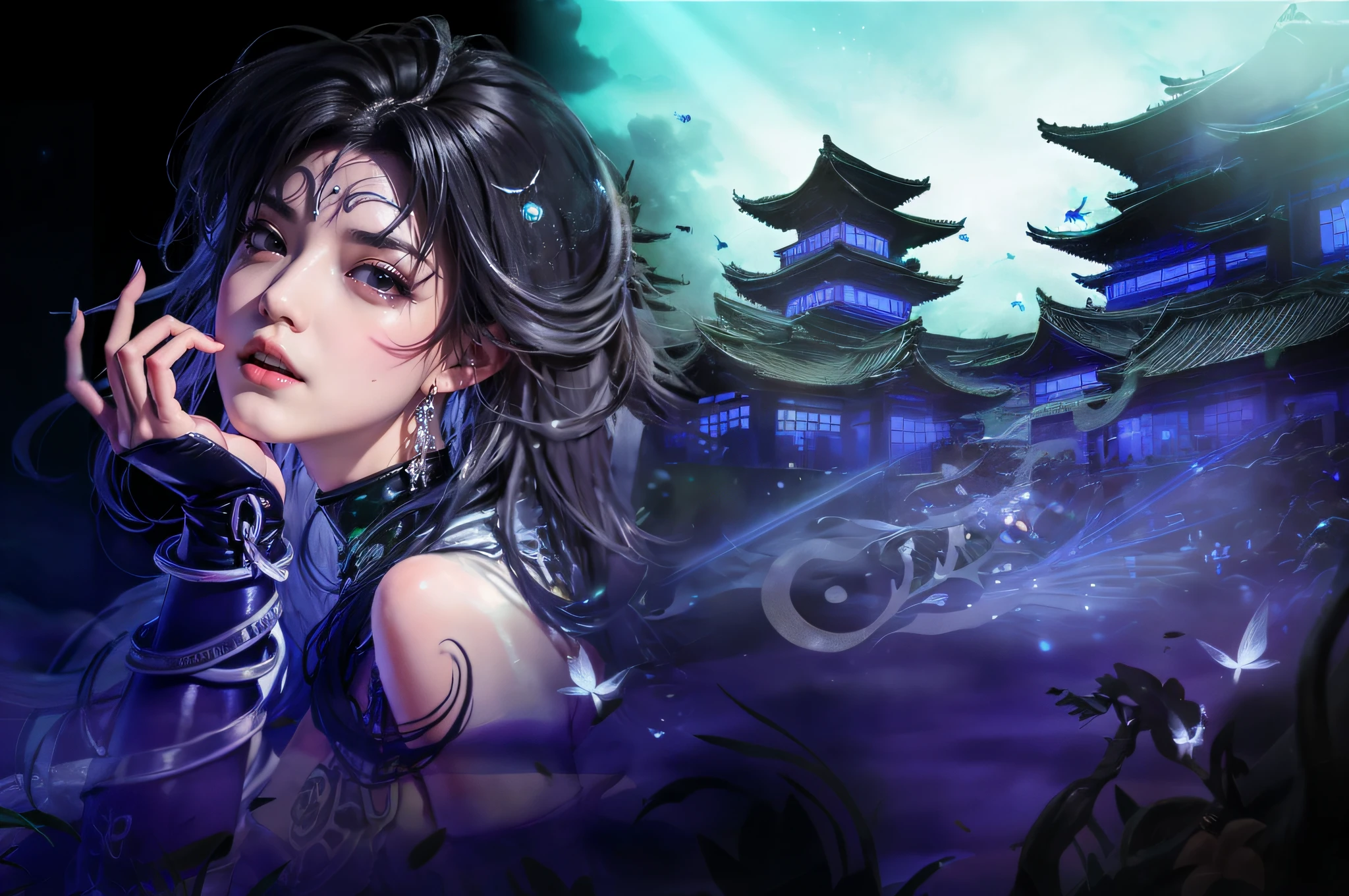 anime girl with a phone in her hand and a building in the background, chinese fantasy, xianxia fantasy, anime fantasy artwork, 4k highly detailed digital art, epic fantasy art style hd, anime fantasy illustration, digital art fantasy art, detailed fantasy digital art, 4k detailed digital art, 2. 5 d cgi anime fantasy artwork, digital art fantasy, background artwork