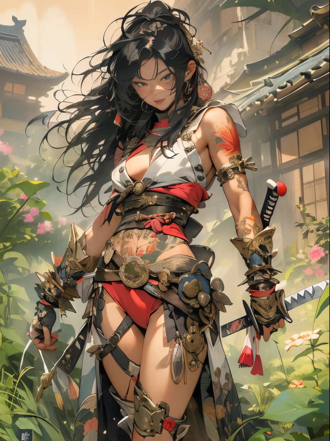 (((woman))), (((best qualityer))), (((tmasterpiece))), (((AS-))), ((( Japanese ))), Look up from your knees, A beautiful asian samurai woman with perfect body, Modern samurai, ((( Asian))), Wear gloves on your hands,The left arm made of steel and metal tipade of protective devices, The eyes are pulled, (( Appears below the )), (( Small dental floss )), Simon Bisley, Almost naked( Bisley)Castle City Wildernesor high-resolution posters, hair straight, Minimum clothing, armure (Crazy clotheull of tips and rivets, tribal tattooull bodyesbian))), Straight brunette hair,Colored hair ends