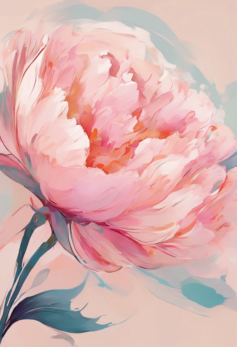 Draw an abstract painting of a single flower.,pale pink peony flower、use acrylic paint、Abstract artist known for his unique use of acrylic pouring, real brush strokes，aesthetic composition，Minimal style, Delicate, Flowing strokes、Quiet and discreet shape、Pale pink peonies symbolize delicacy and gentleness.......、express embarrassment or embarrassment、The main colors of the work are soft and gentle tones........、Add moist compacted sand、Enhances the texture and tactile elements of your artwork, While staring at this image, oot、Interaction of color and texture、Immerse yourself in the feeling of shame、guided by shame