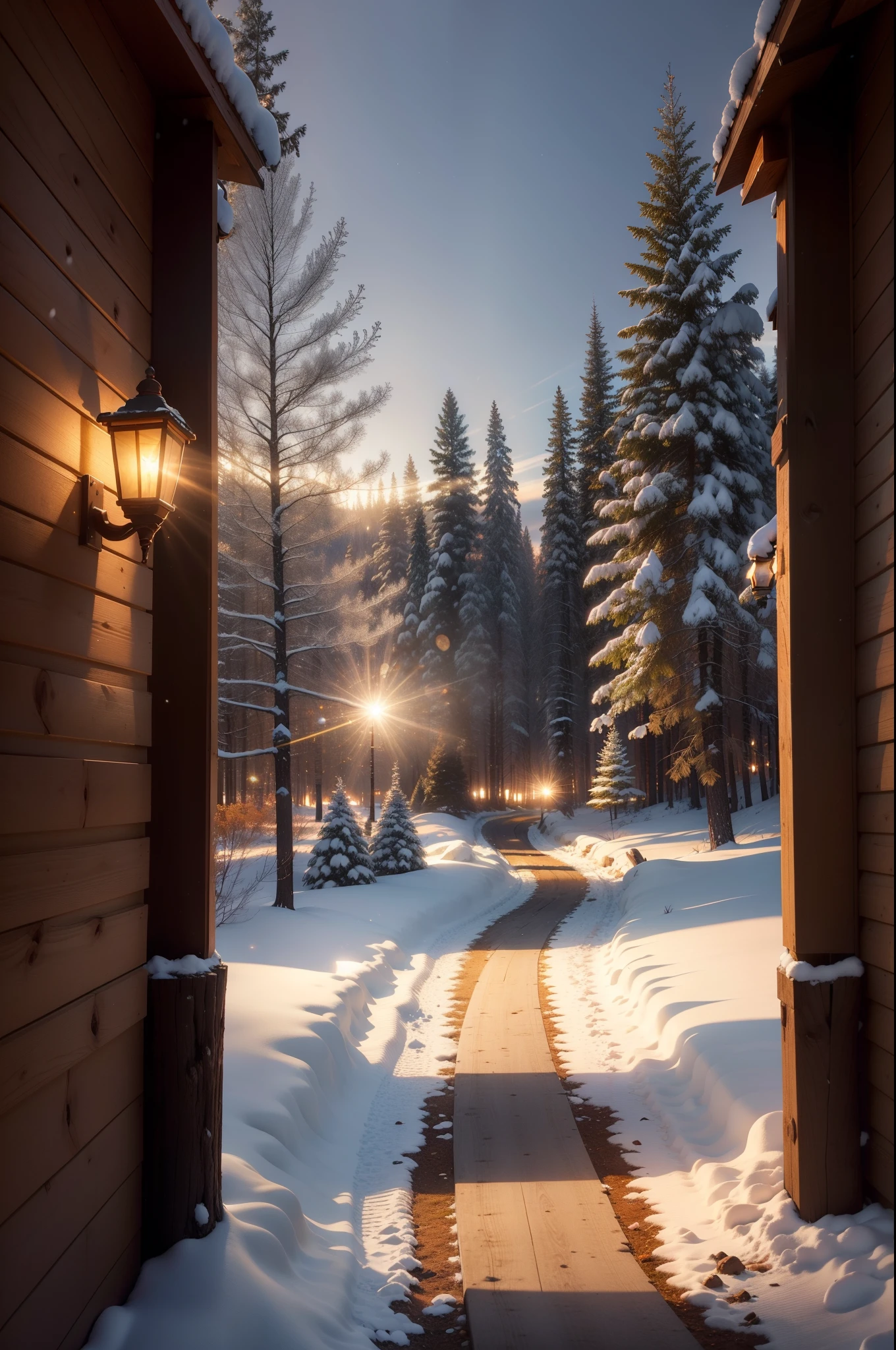 "Captivating winter path with a touch of snow, gracefully dividing autumn-kissed trees through a charming wooden log fence. Depht-of-field, bokeh, (frontlighting:1.2), (backlighting:0.75), (fill light:0.9), bloom, chromatic aberration, (lens flare:1.2),"