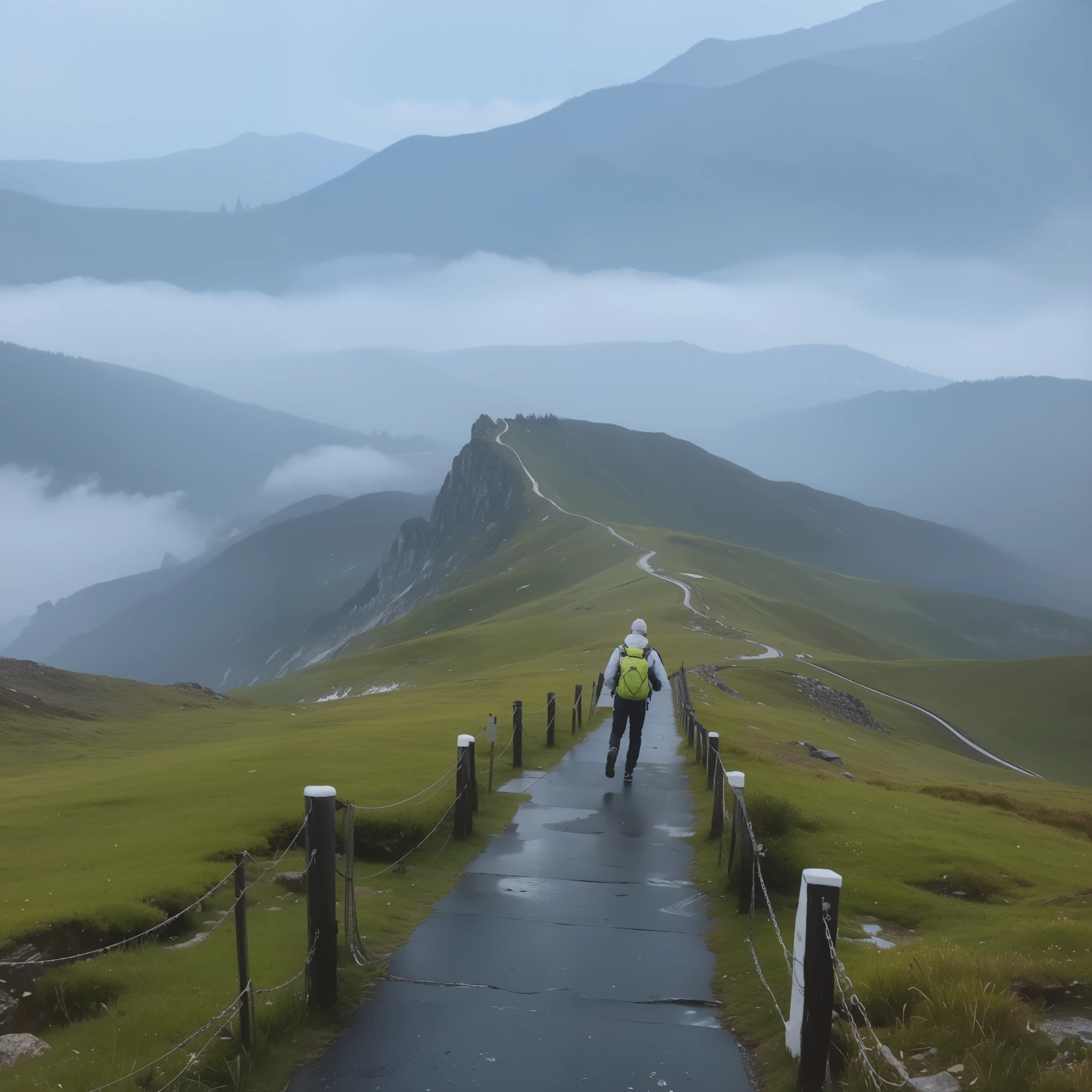 There  a man walking on the path in the mountains, 8K. View&#39;s padding, Walking on the clouds and mist, 8K. fills most of the view, dramatic point of view, on top of mountain, Look at the mountains, standing on top of a mountain, standing on top of a mountain, At the summit