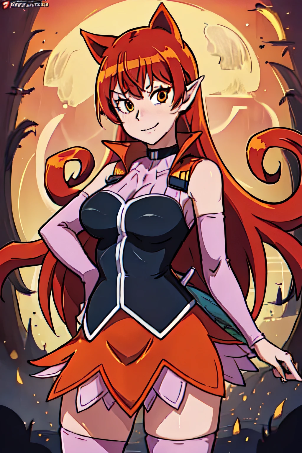 azazel, pink thighhighs, orange skirt, turtleneck, detatched sleeves, 1girl, solo, upper body, facing viewer, looking at viewer, smile,