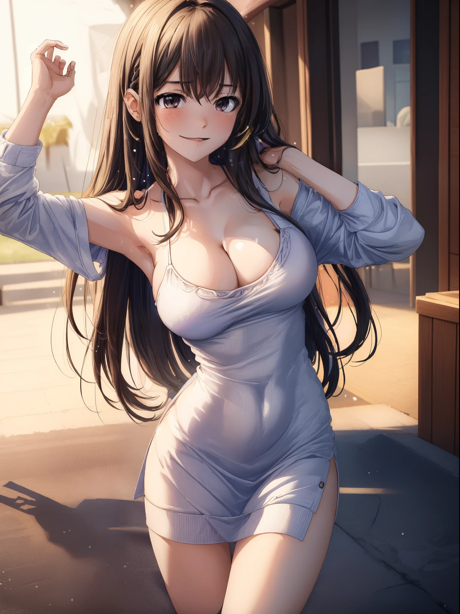((Best Picture Quality, 8K, tmasterpiece:1.3)), 1个Giant Breast Girl, Sexy beauty with slender abs:1.3, (casual hair, No leakage:1.2), Straight dress:1.1, Ultra-fine face, 詳細な目, 二重まぶた,ssmile,Duan