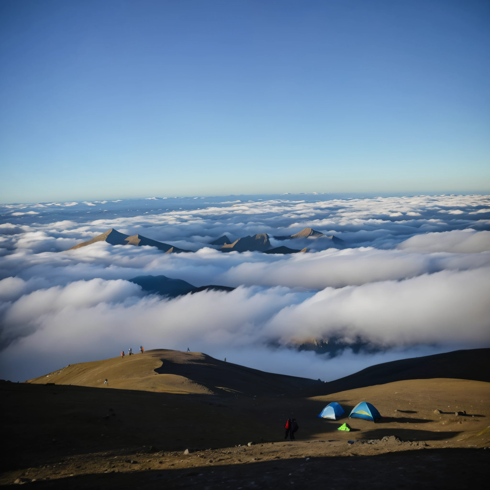 There are many tents on the top of the mountain above the clouds, Above the clouds, view above the clouds, above low level clouds, covered by clouds, on cloud, Rise to the cloud, Walking on the clouds and mist, In the clouds, in a cloud, heaven in the top, in a cloud, on cloud, in the bottom there a lot of fog