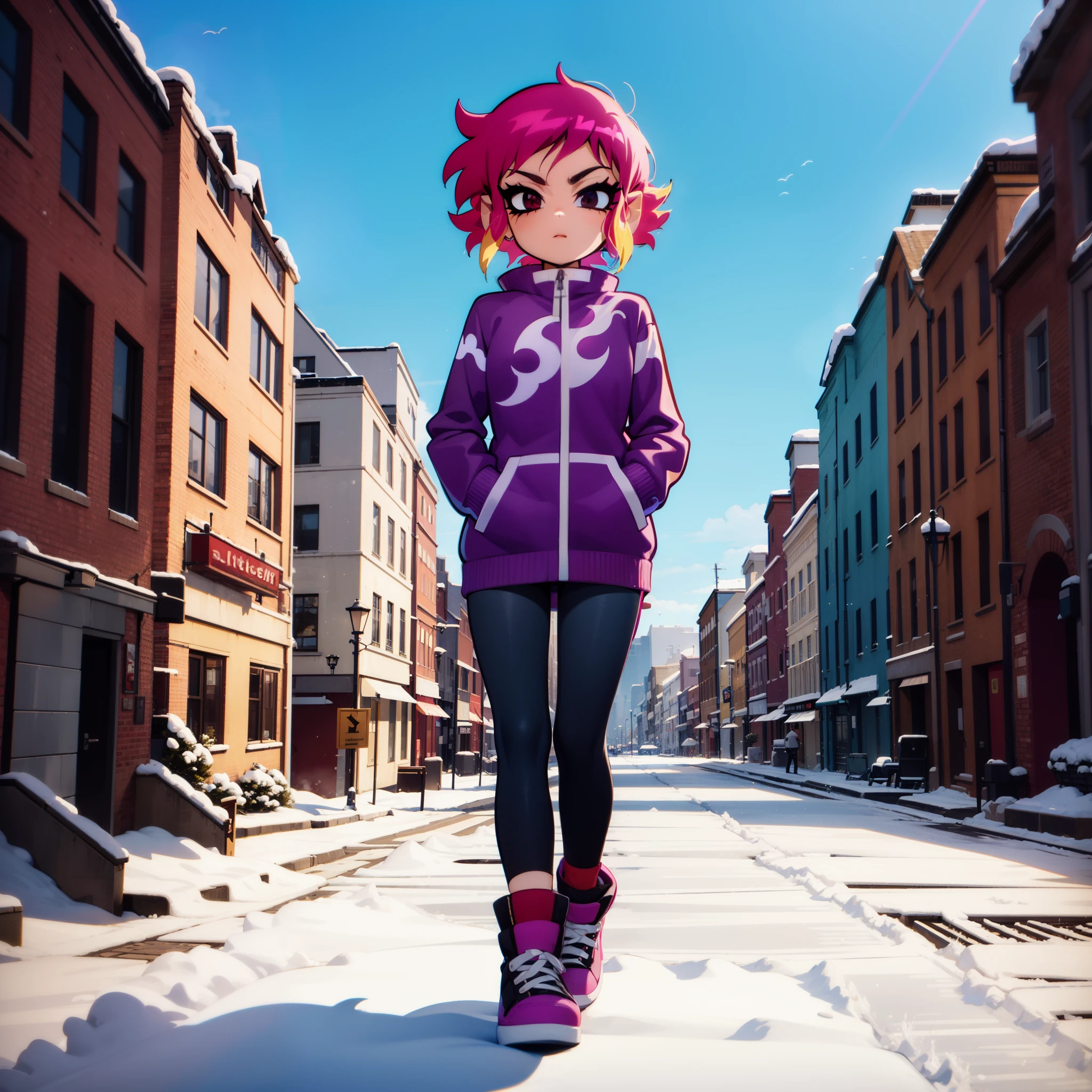 (best quality,4k,highres,masterpiece:1.2), (((scott pilgrim style:1.5))), portraiture, vibrant colors, photographic shot, full body image, (((scott pilgrim takes off))), 1girl, (((short purple hair:))), light tan skin, wearing a parka with her (((hands in her pockets))), leggings, boots and square glasses, walking down a snow covered pathway, blue sky background with small stores on her right, she  in a small town