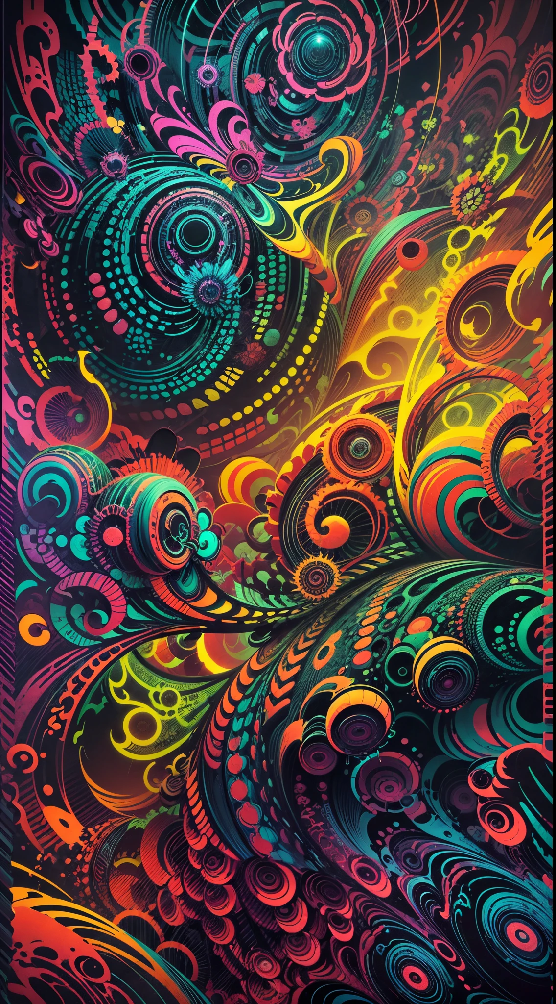 (a surreal digital artwork,painterly rendering,vibrant colors,intense contrast,abstract art),sharp details,(best quality,4k,highres:1.1),(HDR,studio lighting),dreamlike atmosphere,texture manipulation,psychedelic patterns,complex composition,organic shapes,negative space,glowing elements,mysterious shadows