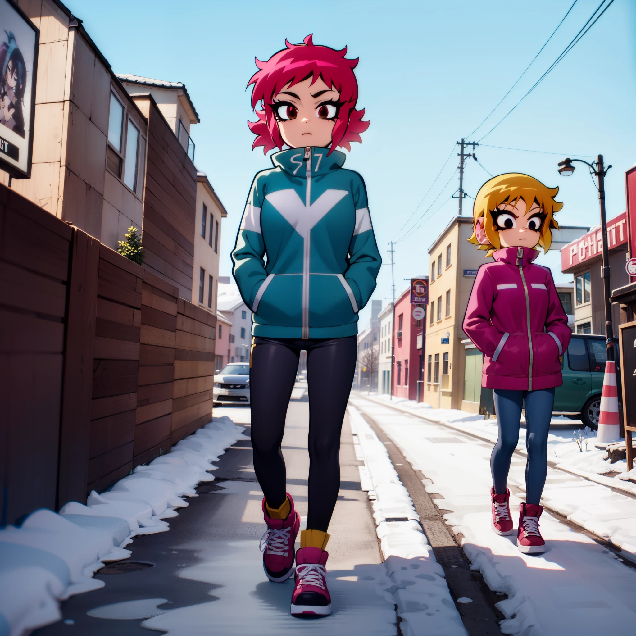 (best quality,4k,highres,masterpiece:1.2), (((scott pilgrim style:1.5))), portraiture, vibrant colors, photographic shot, full body image, (((scott pilgrim takes off))), 1girl, (((short purple hair:))), light tan skin, wearing a parka with her (((hands in her pockets))), leggings, boots and square glasses, walking down a snow covered pathway, blue sky background with small stores on her right, she  in a small town