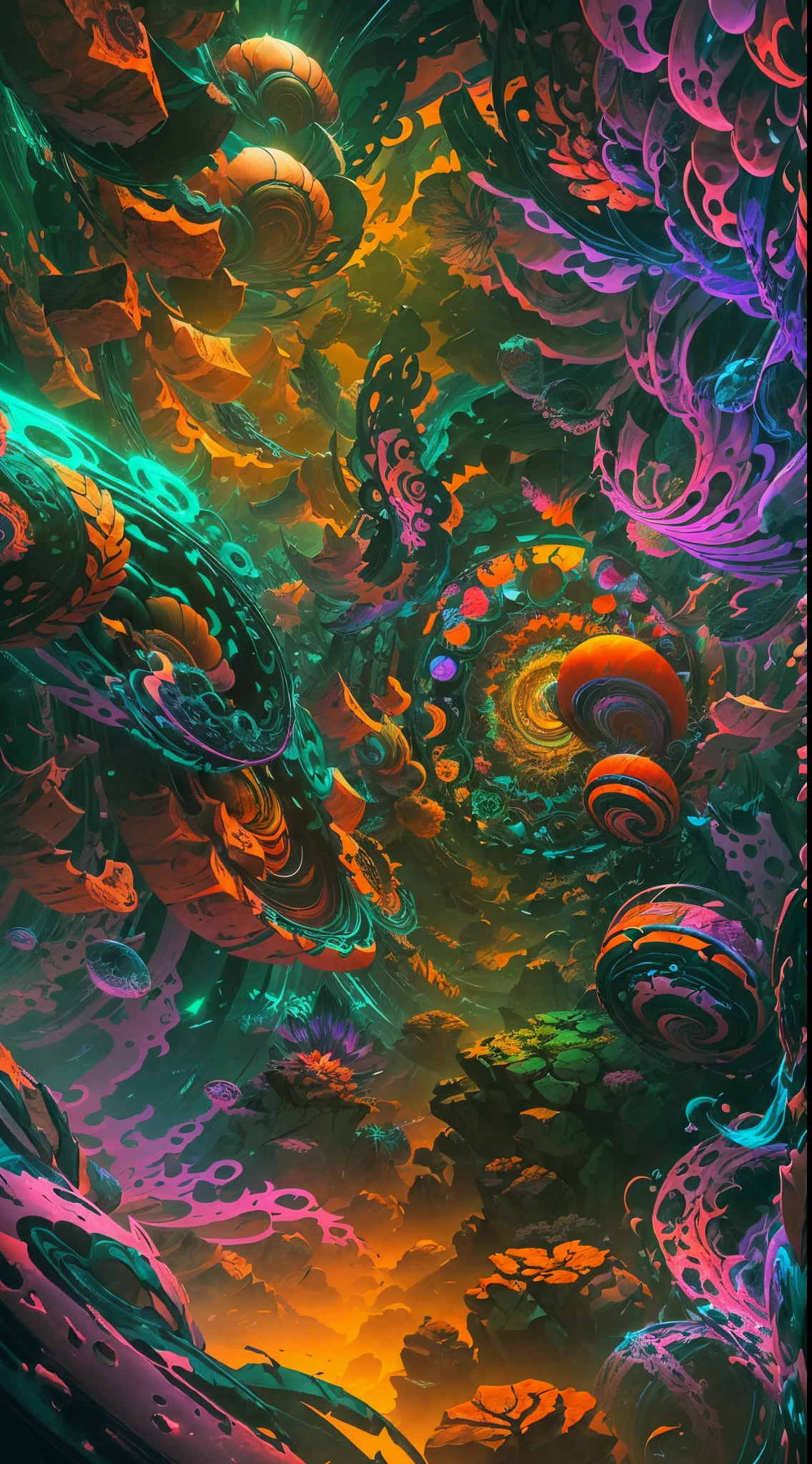 (a surreal digital artwork,painterly rendering,vibrant colors,intense contrast,abstract art),sharp details,(best quality,4k,highres:1.1),(HDR,studio lighting),dreamlike atmosphere,texture manipulation,psychedelic patterns,complex composition,organic shapes,negative space,glowing elements,mysterious shadows