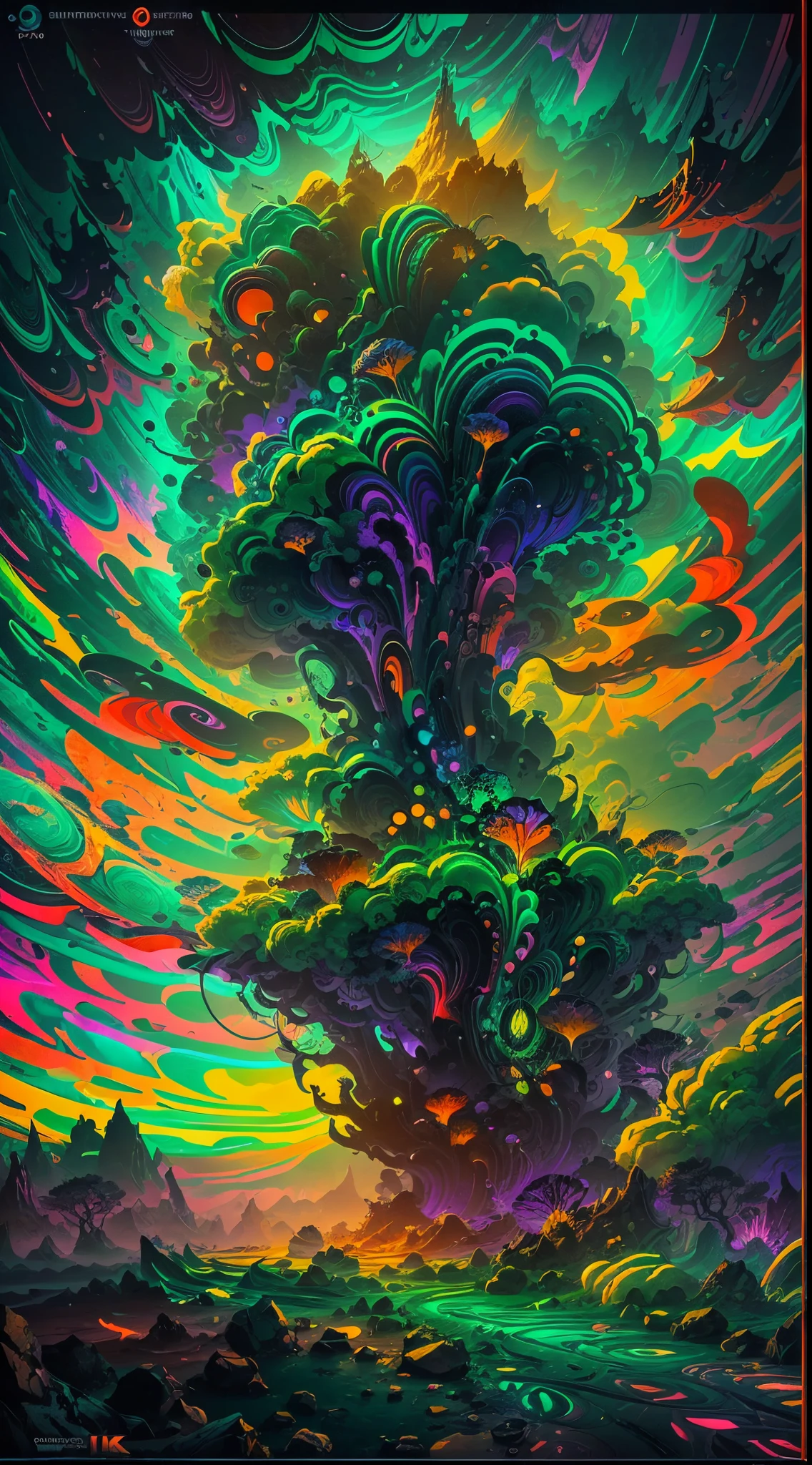 (a surreal digital artwork,painterly rendering,vibrant colors,intense contrast,abstract art),sharp details,(best quality,4k,highres:1.1),(HDR,studio lighting),dreamlike atmosphere,texture manipulation,psychedelic patterns,complex composition,organic shapes,negative space,glowing elements,mysterious shadows