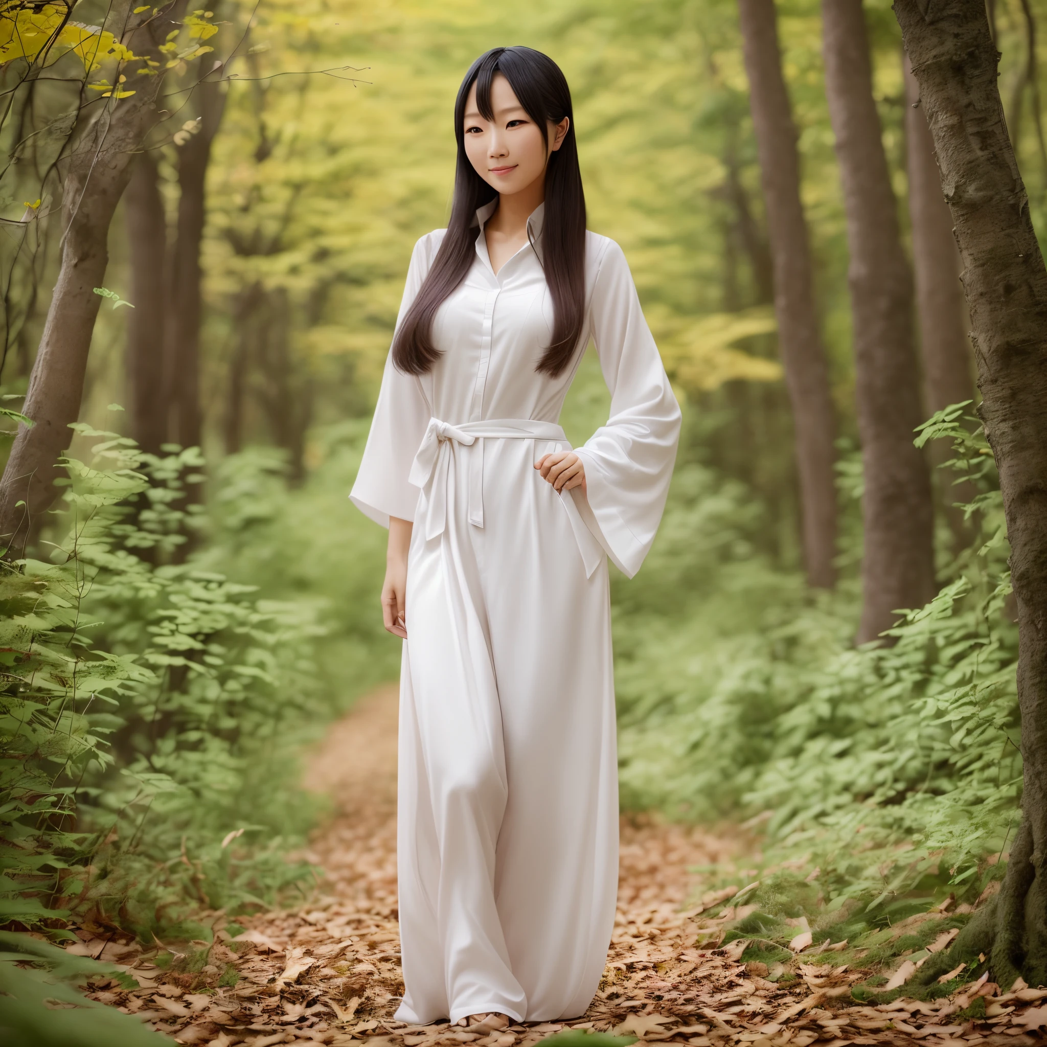 A clean-looking 30-year-old Japanese woman wearing a white blouse with surprisingly straight hair that looks like she's in a natural forest.A beautiful Asian woman wearing winter-style clothes. --auto --s2