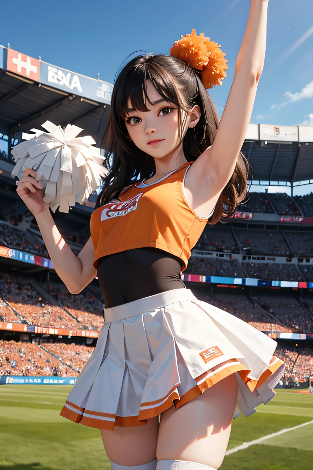 very cute and beautiful cheerleader girl,(very detailed beautiful face and eyes:1.2),(holding a pom pom:1.2),(Laugh),
(Stadium Stand),Cowboy Shot,Dynamic Pose,zettai ryouiki,(orange sleeveless shirt),Beautiful legs,Skirt lift,White panties,Dynamic Angle,Black hair,
(Best Quality,masutepiece:1.2),Intricate details,Ultra-detailed,hight resolution,1 girl,Looking at Viewer,
Natural lighting,Hair fluttering in the wind,Beautiful detailed sky,