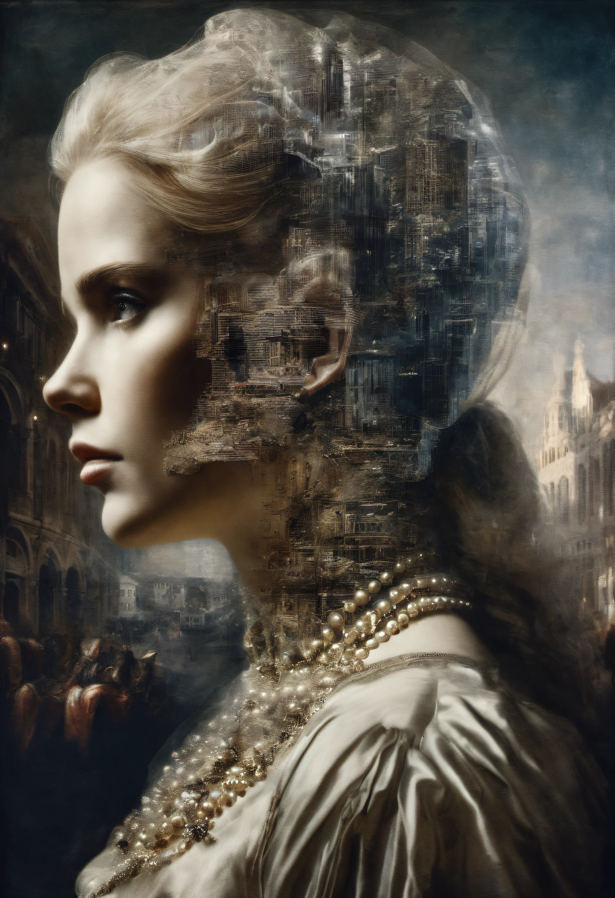 4D double exposure: portrait of the ((The invisible woman who destroyed the city in her head with double exposure)), On the background of a tank in Renaissance costume, Oil Painting, 3/4 Profile view, Gorgeous Pearl Necklace, Luxurious fabrics, detailed embroidery, Moody chiaroscuro lighting, hight resolution