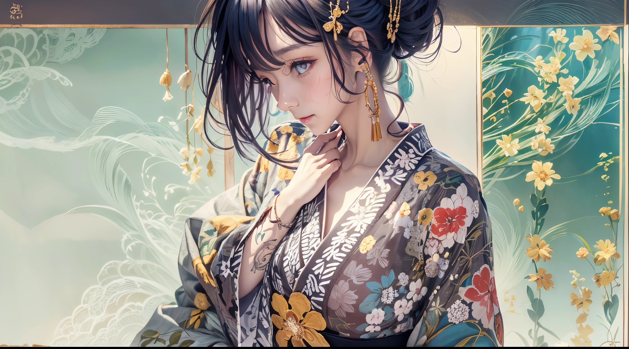 Full body like,fully tattooed,,Kimono,kyoto,High class prostitute lying down,Wandering girl,Rubbing your,grabbing on breasts,Hairstyle random drawing,hair color random,Full body,,orientalism,buzzed、fractal light、,1 female,,japanese kimono,,Underwear,,Tattoo on the Japan,,lots of black tattoos,,,Glossy makeup,,Sweaty skin,,very wet hair,,drawing faithfully,,detail up,,Big eyes,,Colored inner hair,,high_Definition,,Best Quality,,Shiny skin,,Seductive smile,,upward-eyed,,,large earring,Best Quality,,4K_quality,,high_Definition,,Dramatic Lighting,,cinematic quality,,detail up,,Intricate details:1.2,,超A high resolution,,