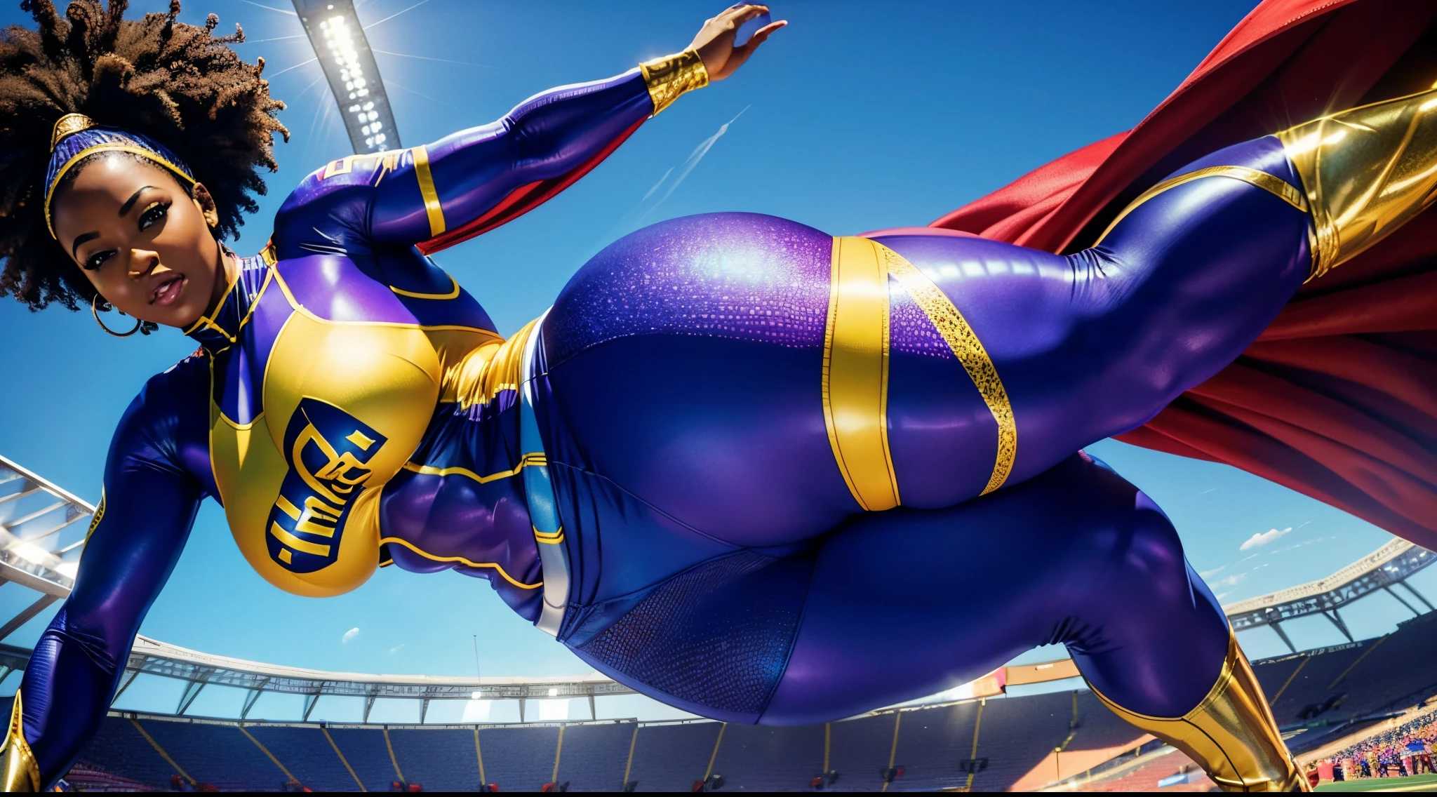 photorealistic, an African American group of women, beautiful, spandex tights, sexy, (Best quality, 8k, 32k, Masterpiece, UHD), 32K wallpaper, sport stadium background, super hero costume, cape, big ass, voluptuous, and thick body figure, showing excitement, joyful, flying in sky, floating