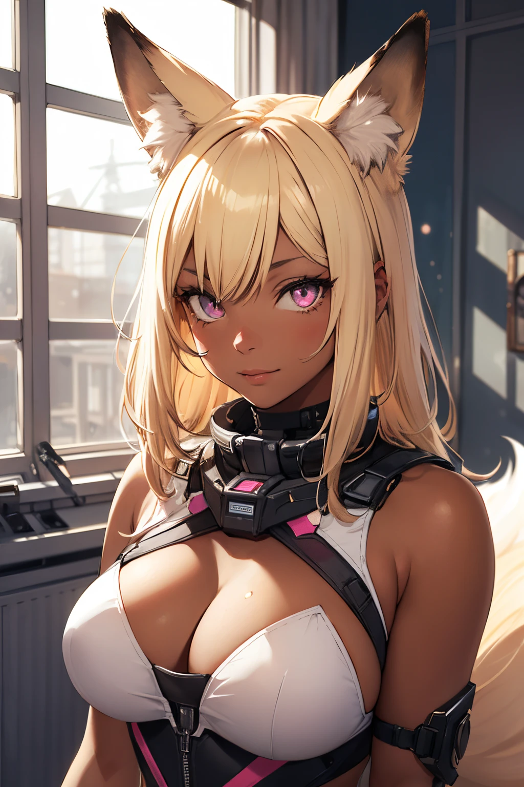 ((best quality)), ((masterpiece)), (detailed), perfect face, woman, fox ears fox tail, blonde hair, pink eyes, commander, smug , dark tan skin. in spaceship by window
