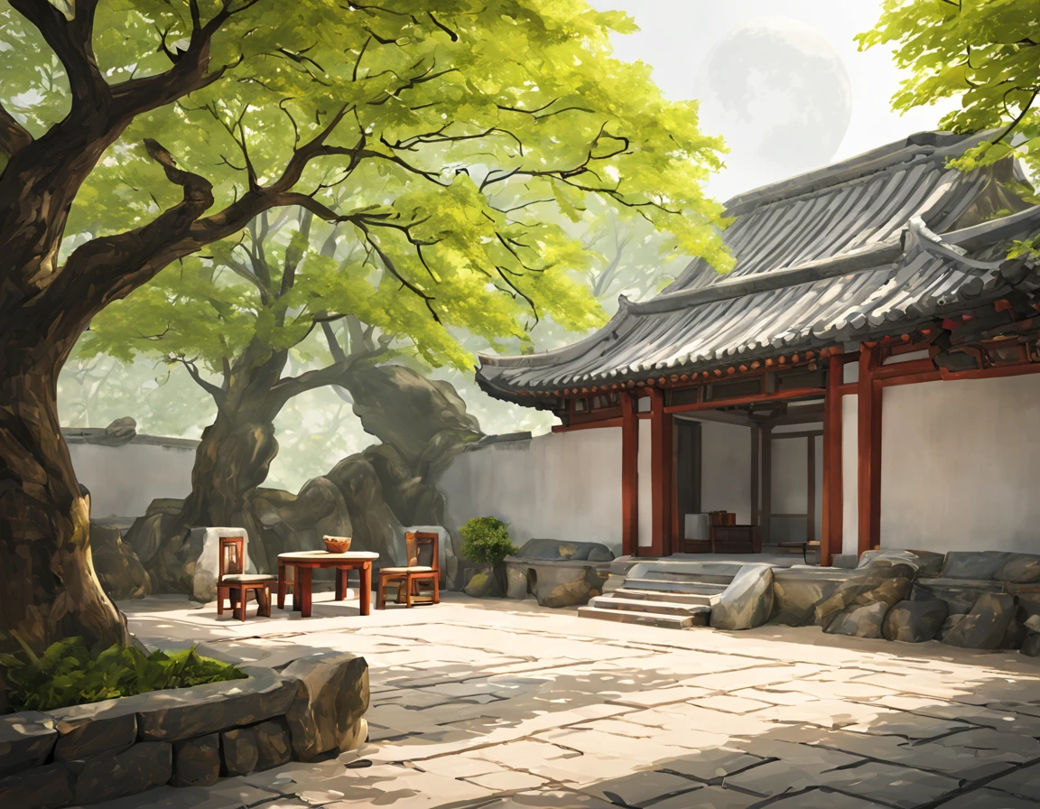 ancient china, a wide indoor yard, white wall surrounding the yard, moon gate, 1 tree in the yard, under the tree there are stone chairs and a table, spring morning, soft light