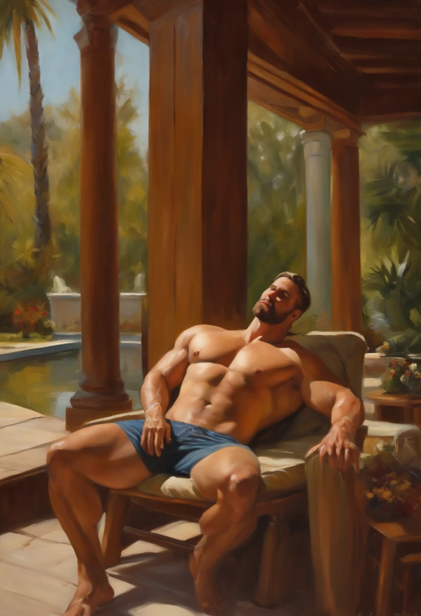 oil painting of a naked handsome muscular bodybuilder male lying by a pool beside a cabin house, sans clothing, with big  and big butt, lying on a chair spreading his legs, toned big body, perfect composition, exposed naked body, kind face, beard, riqué, procovative painting, natural color, by harry bush, James Montgomery Flagg and Lois van Baarle and jim french and rossdraws, homoerotic
