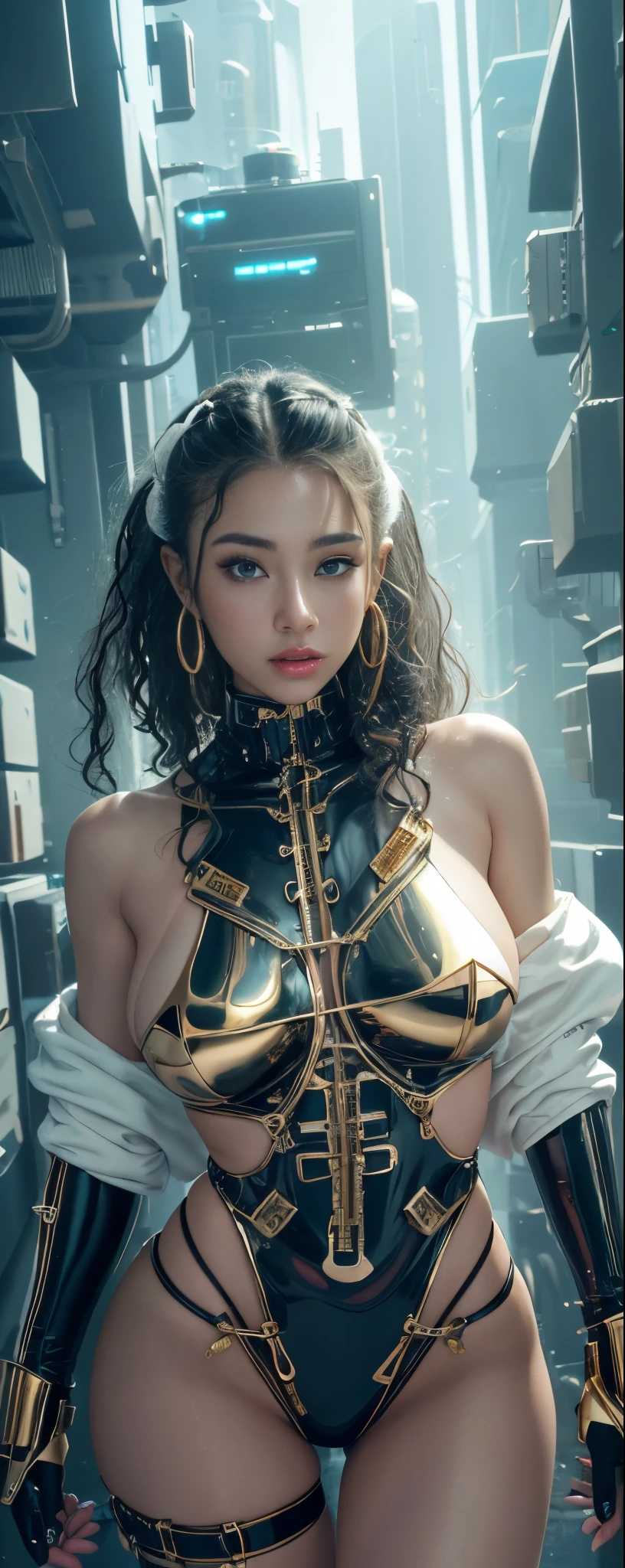 fully body photo, model shoot, Girl wearing gold body jewelry, Highly Detailed Face and Skin Textur, ((white skinned)) Big green eyes, rosto magro, juicy lips, Carnal lips, big and swollen, boobplate ((African black curly hair)), pale-skinned, 詳細な目, 二重まぶた, Cyberpunk Gold Metal Jewelry BDSM, Wearing golden metal cyberpunk tape, metalcollar, Metallic Gold Futuristic Tiny Thong, metal small, metal adhesive, metal cupless bra, metal clothes, Gold body jewelry, Wet skin, she naked. white skinned, She in spaceship futuristic cyberpunk white and black room. There a ring in the nose.