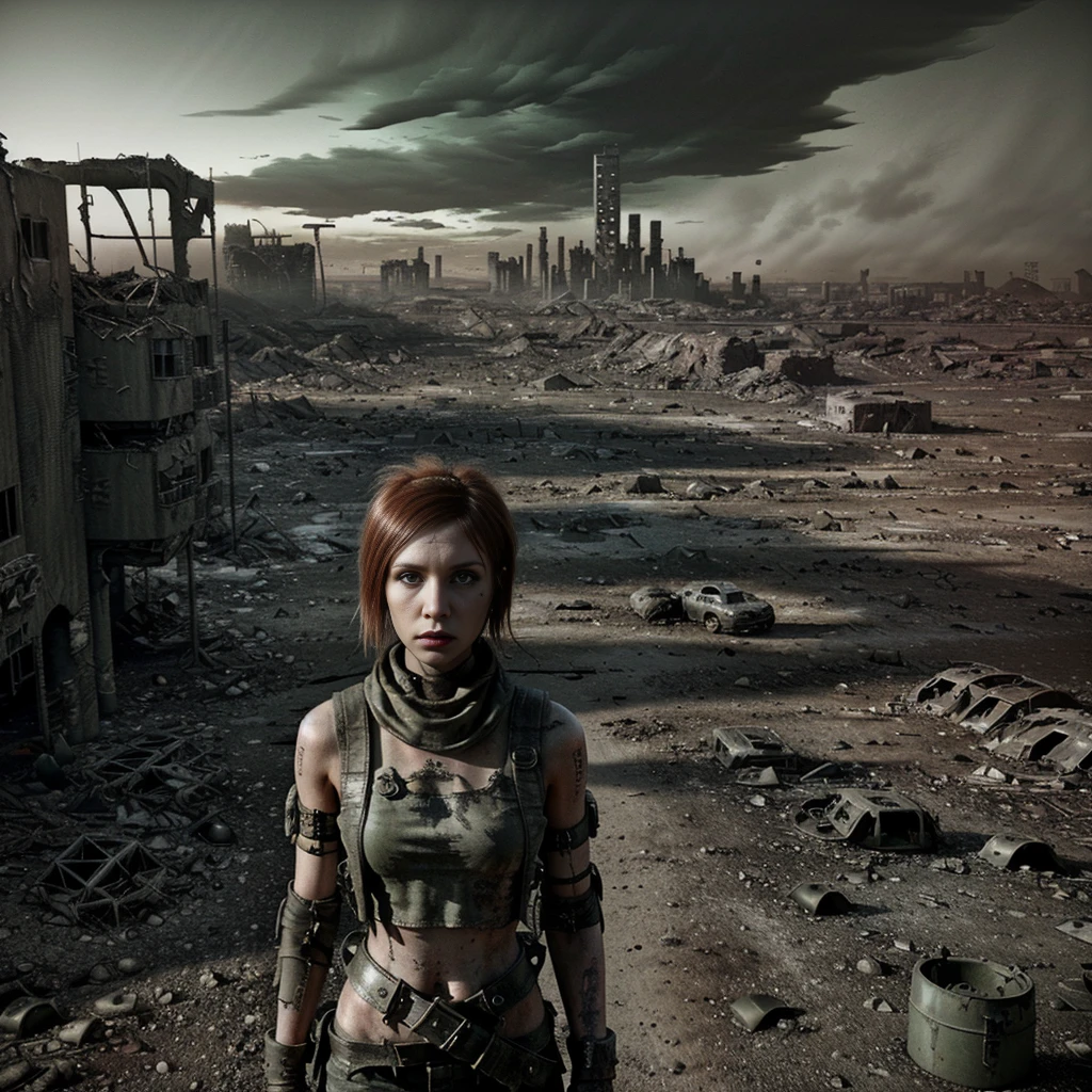 (((Post apocalyptic scenario, Desolate atmosphere, Dystopian landscape))) Postmodern wasteland punk style singer