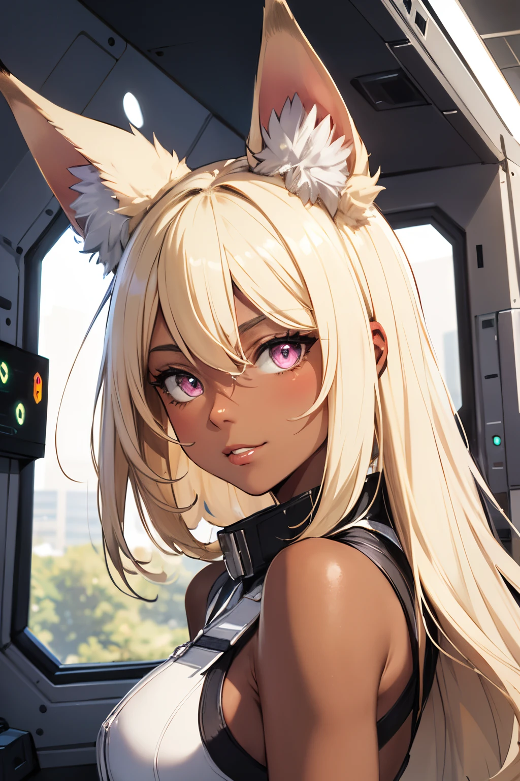 ((best quality)), ((masterpiece)), (detailed), perfect face, woman, fox ears fox tail, blonde hair, pink eyes, commander, smug , dark tan skin. in spaceship by window