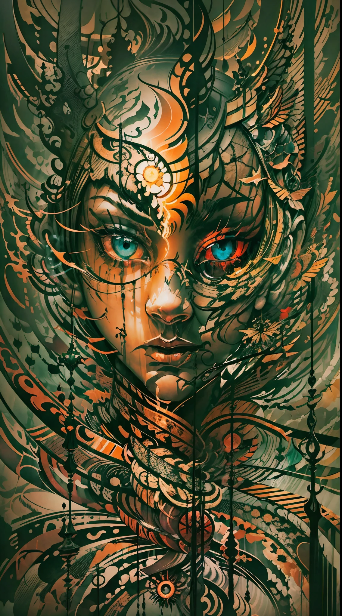 (best quality,4k,8k,highres,masterpiece:1.2),ultra-detailed,realistic,abstract art,portrait,woman,dark light contrast,chaos,japanese motif,dark soul element,split in half,colorful,expressive brushstrokes,emotional,elegant,striking,high contrast,fluid lines,dynamic composition,vibrant colors,dramatic shadows,unique texture,mesmerizing,ethereal,harmonious,ethereal,atmospheric lighting,surreal,otherworldly,haunting,contrast of light and darkness,hidden emotions,layered symbolism,thought-provoking,deep resonance,provocative,visceral,creative,provoking inner thoughts,syncopated rhythm,transcendent,transformative experience,spellbinding,unconventional interpretation,abstract expressionism,avant-garde,unleashing the subconscious,meaningful abstraction,twisted elegance,visually captivating,emotionally charged,metaphorical journey,philosophical reflection,imaginative exploration,provocatively beautiful.