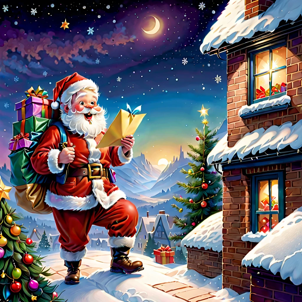 (Faraway view: 1.8), christmas，(Cute Santa Claus holding list and bag of gifts, Trying to climb into the chimney，robin standing on head)，Christmas elements，illustratio, Children's book illustration, inspired by Doug Ohlson, Add details, sugar snow, backpacks，gifts, festivity, snowflower, Paintings by Alison Debenham, cover illustration，超高分辨率, illustratio, Christmas evening, hyper realisitc，Exquisite、Best quality、ultra - detailed、nice、Positioning details、colorful colorful