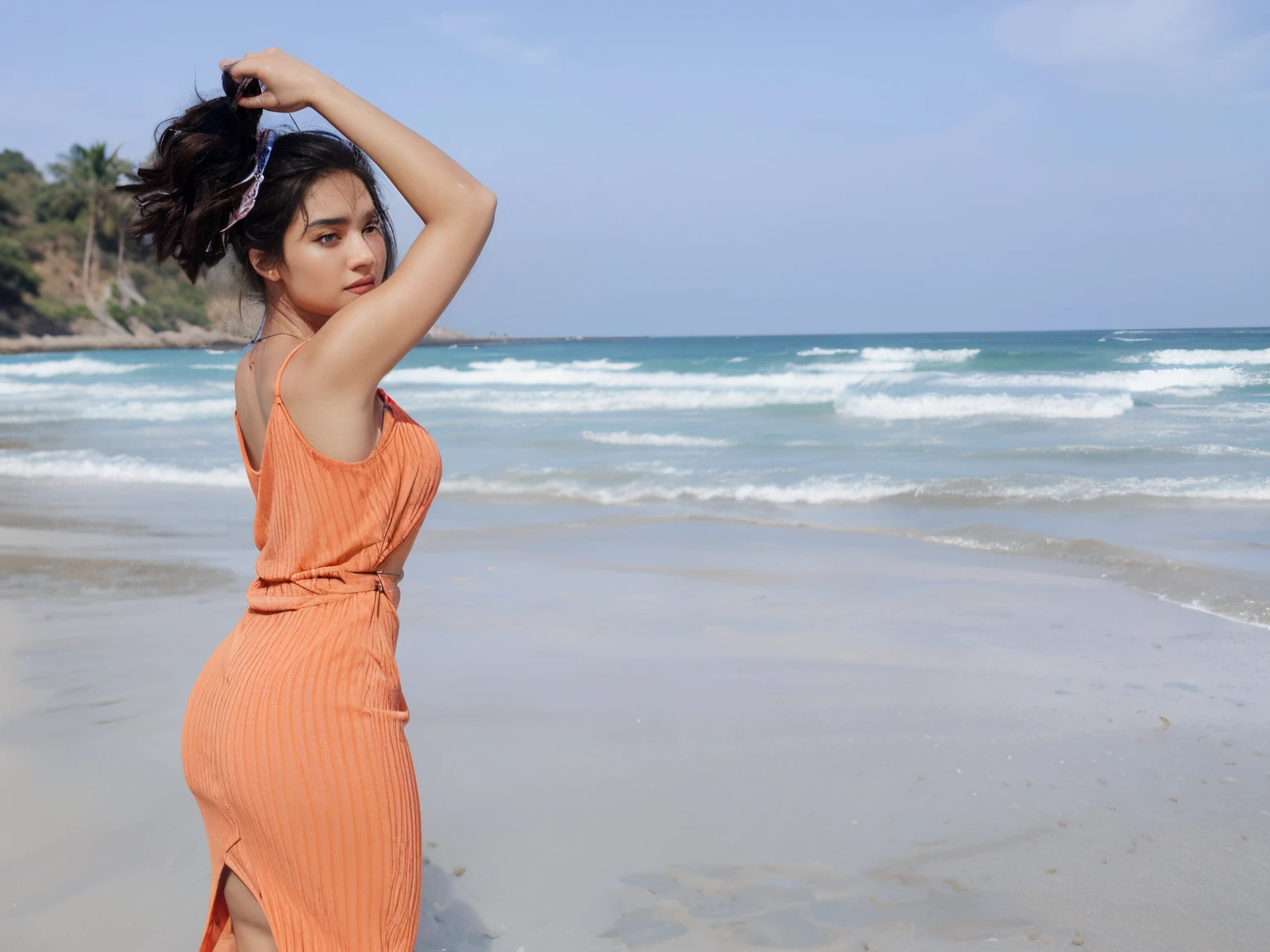 photorealistic super gorgeous girl 25 years old with huge breasts and a huge butt very narrow waist super sexy slightly transparent dress you can see the underwear underneath which is with lace is very detailed image 4k full hd wallpaper screensaver