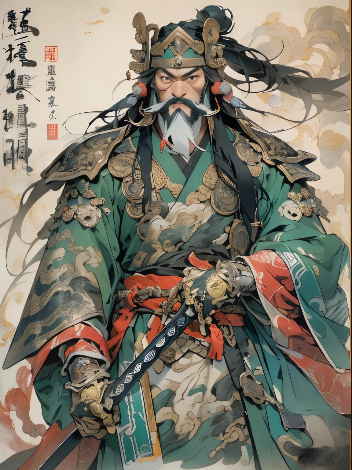 (((China-style,Ink painting method,Half-length portrait,Intense color,Han dynasty, China,Hanfu,Armor,Guan yu,Guan Yunchang,of a guy,Ruddy killing square face,Hold the Blue Dragon Moon Knife in his right hand,Stroke your beard with your left hand,Long hair,petty eyes,Green robe))), (((best qualityer))), (((tmasterpiece))), (((AS-))), ((( Japanese ))), Look up from your knees, Handsome Asian samurai,perfect body figure, Modern samurai, ((( Asian))), Wear gloves on your hands,The left arm made of steel and metal tipade of protective devices, The eyes are pulled, (( Appears below the chest )), (( Small dental floss )), Simon Bisley, Almost naked(Simon Bisley)Castle City Wildernesor high-resolution posters, hair straight, Minimum clothing, armure (Crazy clotheull of tips and rivets, tribal tattooull bodyesbian))), Straight brunette hair,Colored hair ends