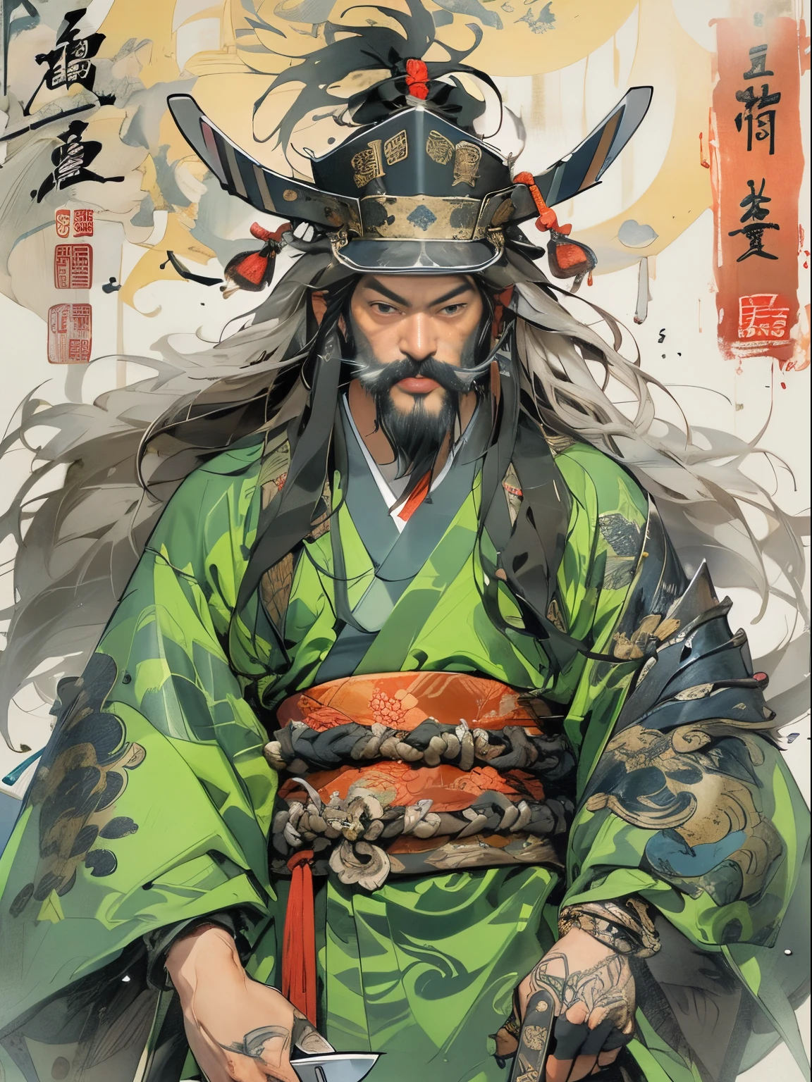 (((China-style,Ink painting method,Half-length portrait,Intense color,Han dynasty, China,Hanfu,Armor,Guan yu,Guan Yunchang,of a guy,Ruddy killing square face,Hold the Blue Dragon Moon Knife in his right hand,Stroke your beard with your left hand,Long hair,petty eyes,Green robe))), (((best qualityer))), (((tmasterpiece))), (((AS-))), ((( Japanese ))), Look up from your knees, Handsome Asian samurai,perfect body figure, Modern samurai, ((( Asian))), Wear gloves on your hands,The left arm made of steel and metal tipade of protective devices, The eyes are pulled, (( Appears below the chest )), (( Small dental floss )), Simon Bisley, Almost naked(Simon Bisley)Castle City Wildernesor high-resolution posters, hair straight, Minimum clothing, armure (Crazy clotheull of tips and rivets, tribal tattooull bodyesbian))), Straight brunette hair,Colored hair ends