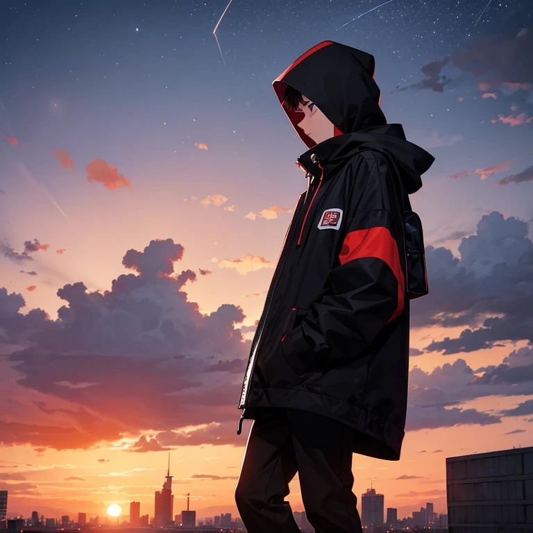 A 19 years old boy, wearing black and red mix colors huddie with covering head ,standing at high building of the city, sunset time, the sky full of stars, not happy face,