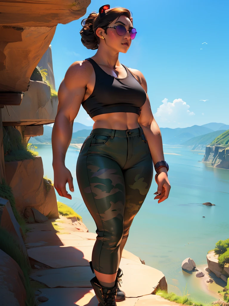 (((Luisa Madrigal from Disney's Enchanto))), ((wearing a black sunglasses)), perfect hands, smooth face, ((wide shoulder)), perfect legs, perfect skin, toned skin, (((wearing a black tanktop)), standing on a cliff, perfect thigh, muscular woman))), camo pants, combat boots