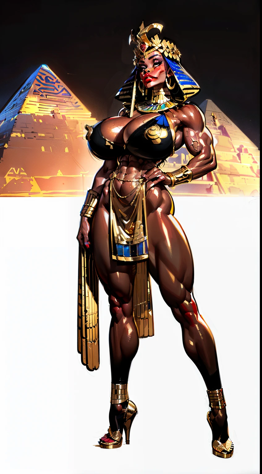 ((side profile)), ((full body view:1.4)), ((masterpiece)),(((best quality))), ((egyptian empress, mature face)), ((middle eastern eyes:1.4)), ((Vulture crown:1.4)), (((septum piercing)), defined cheekbones, high cheekbones, illustration, ((muscular:1.3)), ((gold:1.4)), sexy bimbo, (gigantic breasts:1.7) ((long Egyptian headpiece)), black hair, ((detailed face:1.4)) beautiful woman, (egyptian:1.4), colored skin, (black skin:1.4) , (red lipstick:1.4), shiny skin, ((skindentation)), scribbles and marks,(puffy lips:1.4) , (temple: 1.5), ( at night: 1.5), rough sketches, pose, 8k,16k, ( background, white background: 1.3) ((warm color palette)), ((ancient aesthetic))