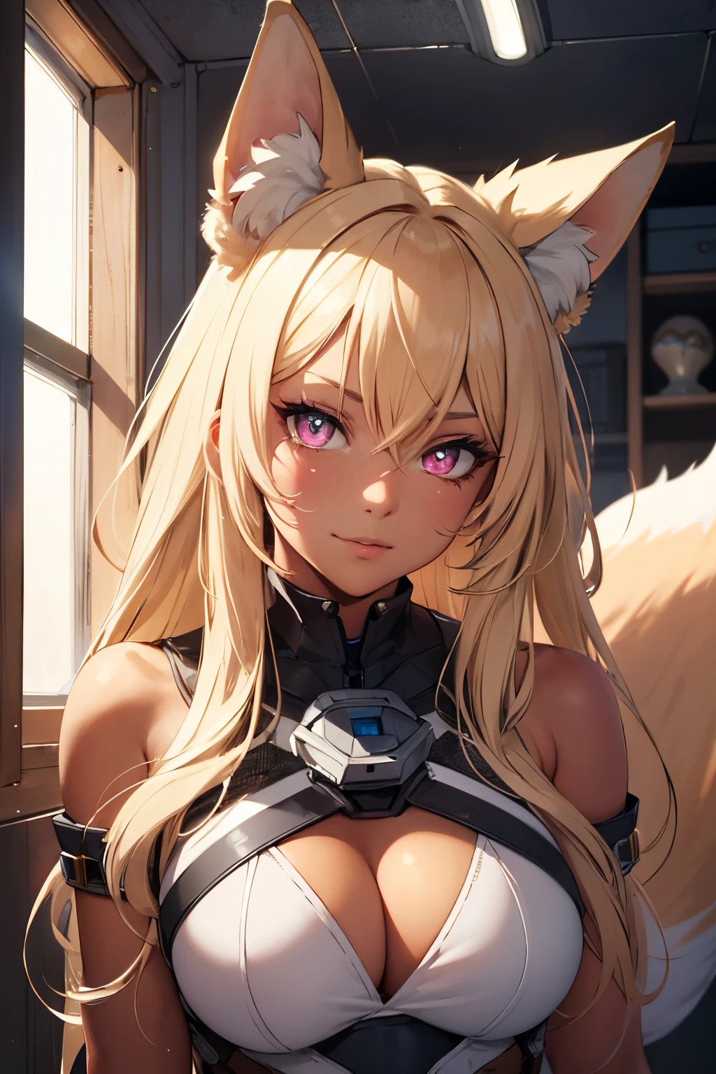 ((best quality)), ((masterpiece)), (detailed), perfect face, woman, fox ears fox tail, blonde hair, pink eyes, commander, smug , dark tan skin. in spaceship by window, luscious hair