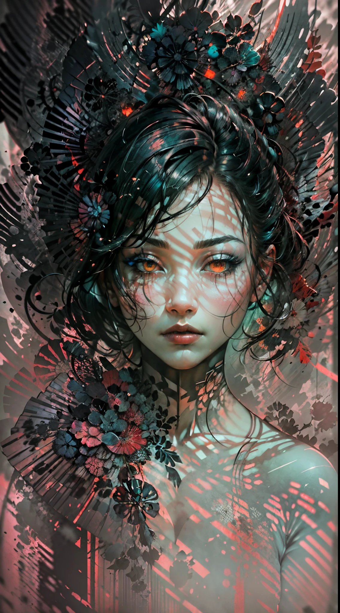 (best quality,4k,8k,highres,masterpiece:1.2),ultra-detailed,(realistic,photorealistic,photo-realistic:1.37),abstract,portrait,woman,dark light contrast,chaos,Japanese motif,dark soul element,vibrant colors,two halves,split,contrast,dramatic,fluid lines,expressive,emotional,striking composition,layered textures,dynamic brushstrokes,eerie atmosphere,mysterious,melancholic,ethereal,haunting imagery,transcendent,abstract shapes,organic forms,graceful curves,harsh edges,play of light and shadow,diverging styles,mixed media,impressionistic details,blurred boundaries,bold juxtaposition,tension,harmony in disarray,complex emotions,fascinating narrative,provocative,thought-provoking.