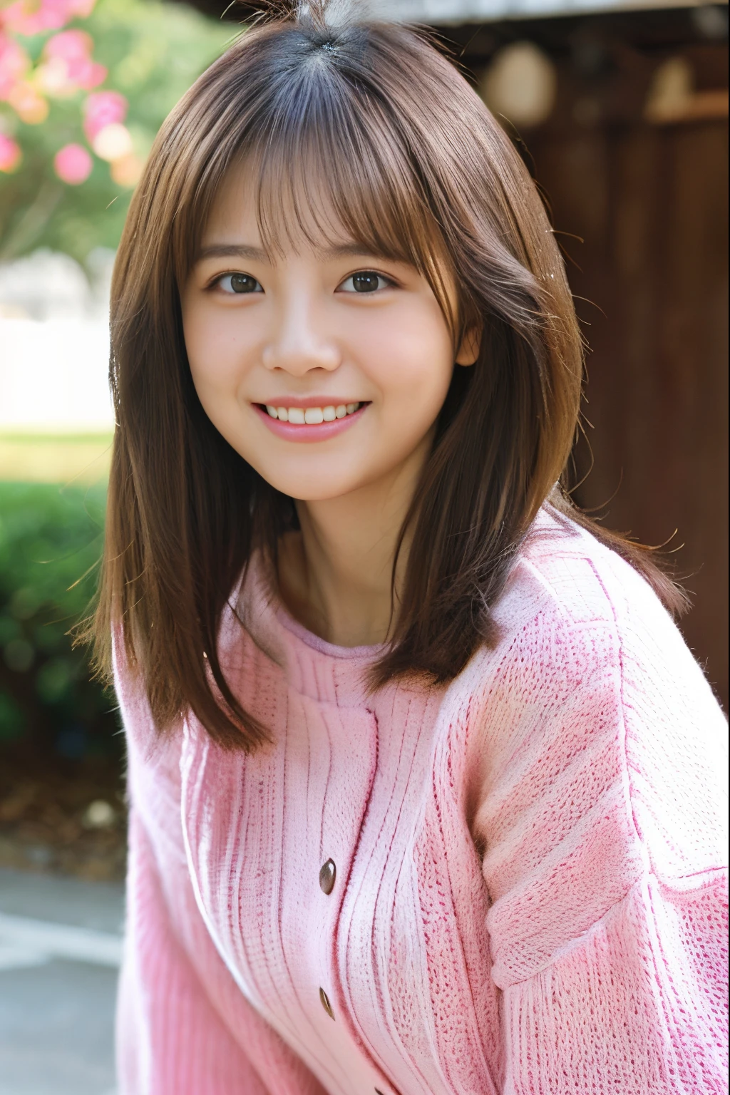 randome pose、top-quality、超A high resolution、(Photorealsitic:1.5)、女の子1人、pink sweater、A smile、(Brown hair:1.2)、(huge-breasted:1.2)、Classroom、looking at viewert、a closeup、full body Esbian、Nasty eyes