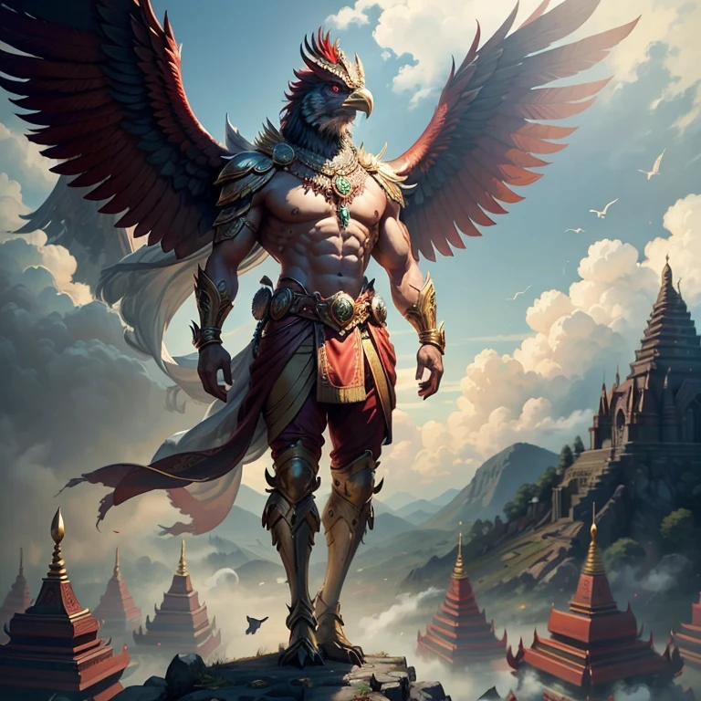 Look straight, stand fully, maximum red body detail. Maximum red feather details Maximum eye detail Maximum anatomical detail Details, cloth, accessories, Thai warrior armor, ultimate weapon Masterpiece quality The most realistic picture Maximum realism and detail The best light The best quality of light and shade Studio Movie Photos, Best Close-Up Views The backdrop of the Thai temple castle is made of gold, onyx, emerald, diamond, the most perfect fantasy. Feeling natural, realistic, Garuda bird, anthropomorphic man, bird head The head is probably a bird. Has a bird's head, red feathers, red eye details, muscular body, best anatomy, red skin, red feathers on the body. Big red wings spread out. perfect wingspan Wear jewelry made from gold with Thai Kanok designs. Gold jewelry adorned with diamonds sits on the head of a red bird. Bright red pants, Thai silk with gold waistband. Beautiful red fabric, ancient Thai fabric. perfect hand perfect legs, feet standing on the grass The background is the sky, clouds, fog.The most. It feels natural and realistic.