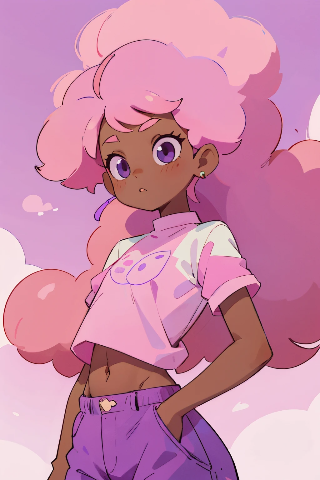 woman with afro hair and white shirt, standing in front of a purple sky with clouds and pink hair, upper-body, midriff, Bromwich, flat colors, Character portrait, Digital Art, dark-skinned_woman's, Dark_Skin, bellybutton_piercing, AB_shoulder, Pink_Hair, Stunning_Background, Purple_Background, skye, Long_Hair