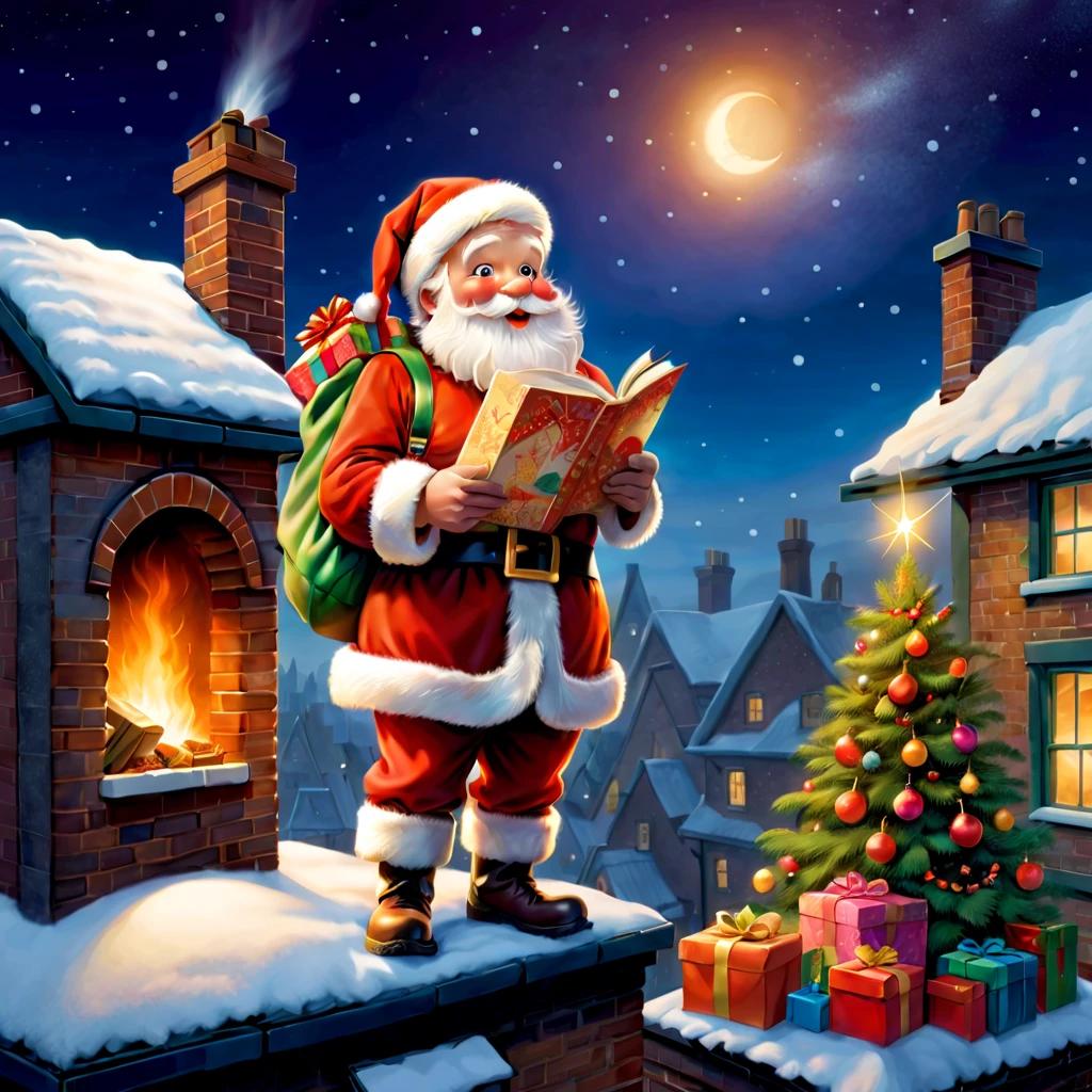 (Faraway view: 1.8), christmas,(Cute Santa Claus holding list and bag of gifts, Stand on the roof,Trying to climb into the chimney,robin standing on head),Christmas elements,illustratio, Children's book illustration, inspired by Doug Ohlson, Add details, Polaris,sugar snow, backpacks,gifts, festivity, snowflower, Paintings by Alison Debenham, cover illustration,超高分辨率, illustratio, Christmas evening, hyper realisitc,Exquisite、Best quality、ultra - detailed、nice、Positioning details、colorful colorful