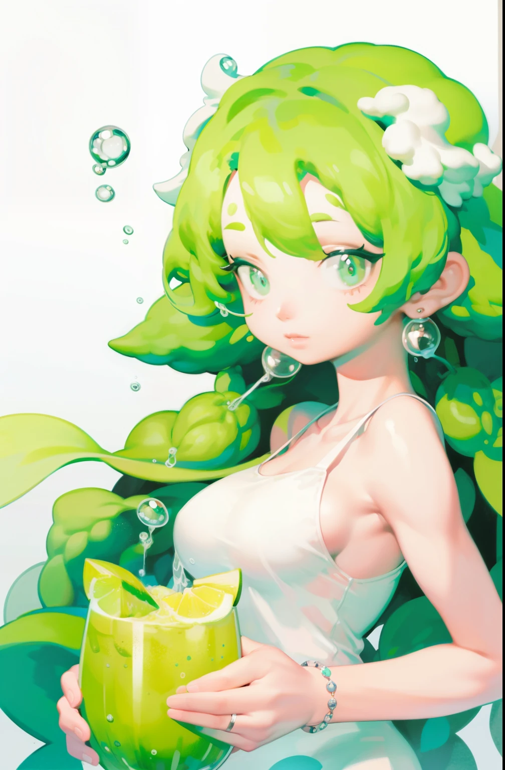 Slime girl, very long green hair, yellow eyes, , character is covered in liquid, full of greenish liquid, green slimegirl dripping, Anime Art Wallpaper 8K, Anime style 4K, large chest, chubby, curvy hips, long legs, detailed eyes, very long hair, (standing cave) with bones, naked, slime horns, hungry smile, ((fangs: 1.2))