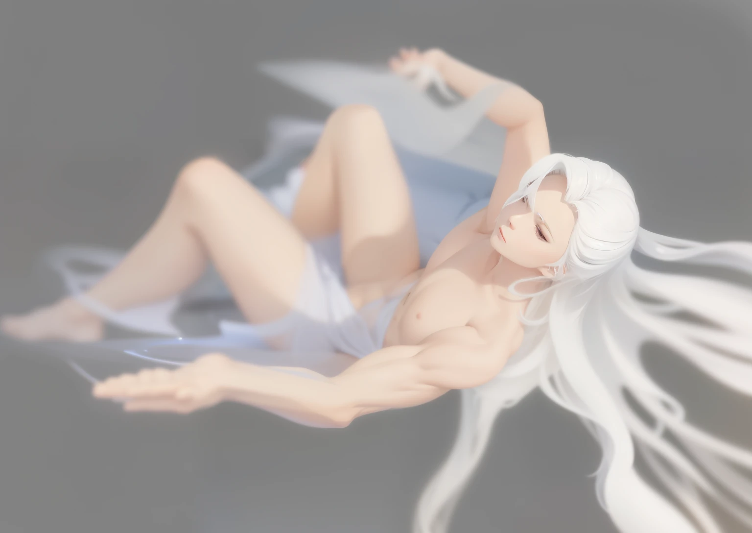 (best quality,4k,highres),a man lying on a bed,flowing white hair in the air,elegant floating posture,a relaxed white-haired dwarf,flowing white hair,a relaxed posture,dramatic floating posture,dynamic lying posture,divine white hair,white hair,fatigued deity,neutral posture,dramatic magical floating posture,painted in an anime artist's studio,provocative posture