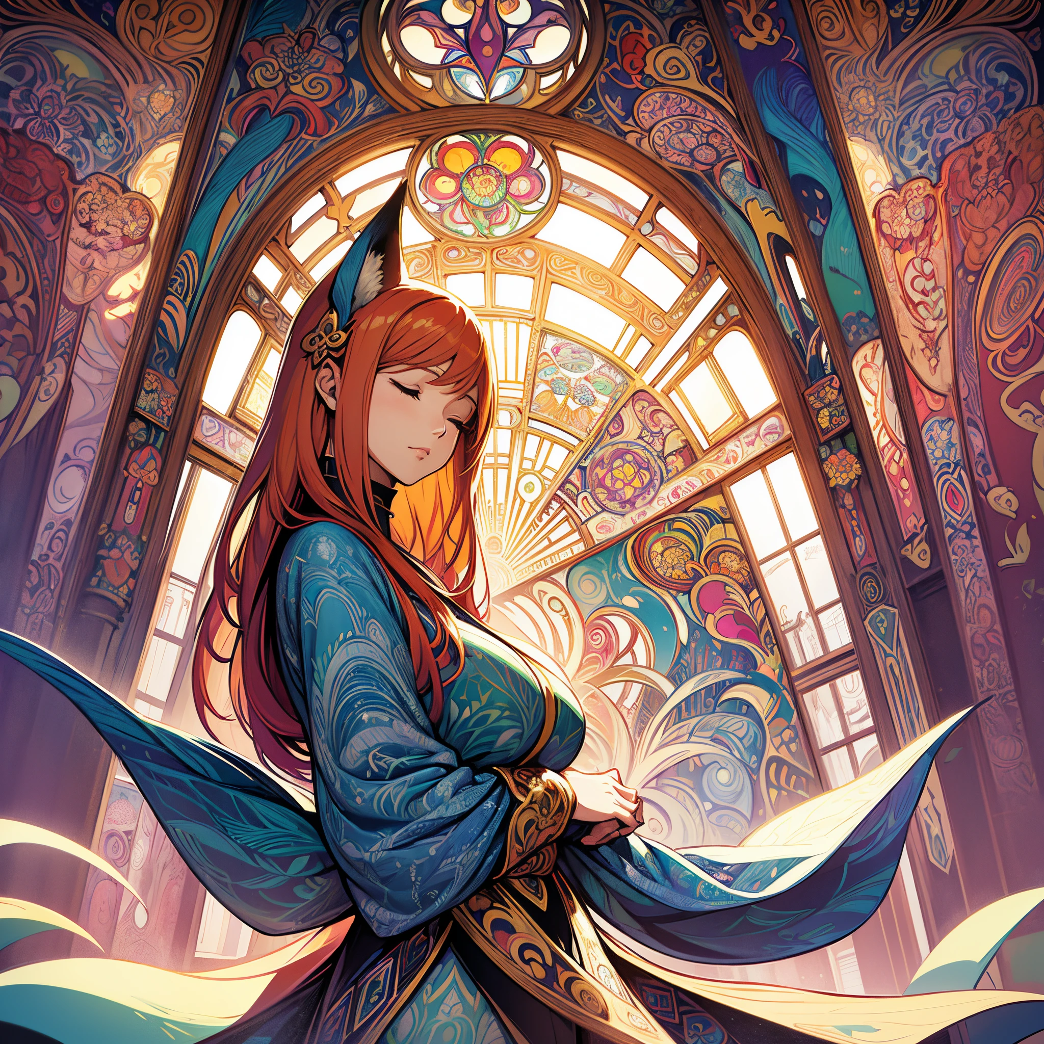 Psychedelic style super detailed illustration of a meditating woman, Beautiful ginger woman with straight hair, Calm face with closed eyes, A fusion of psychedelic art deco and art nouveau, art by:MSchiffer Important Windows, styled in Art Nouveau, prism art style, Inspired by colorful nature、A large fox is drawn in the center, rounded top, Photorealistic
