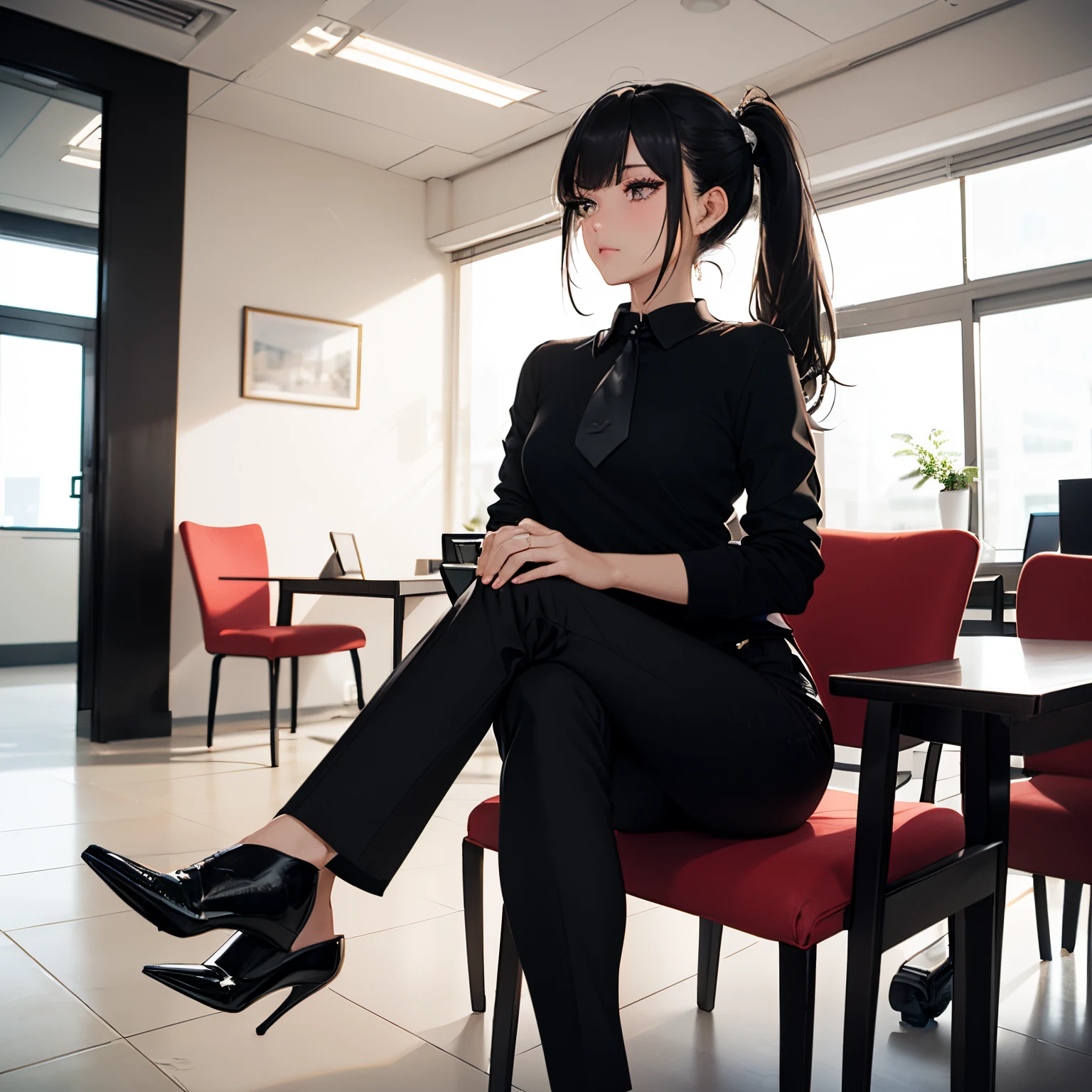 absurderes, ultra-detailliert,bright colour,(in 8K:1.3),masuter piece,extremely beautiful detailed face and eyes, 25 years old,(Smooth straight black hair:1.3), (Shiny so long ponytail:1.2), Delicate beautiful face, red blush、(Deep black eyes:1 white polo with black necktie and black pants with black heels to :1.3), sitting on the chair properly, serious, office, Natural Nice Spot, (no bangs :1.2) mature face