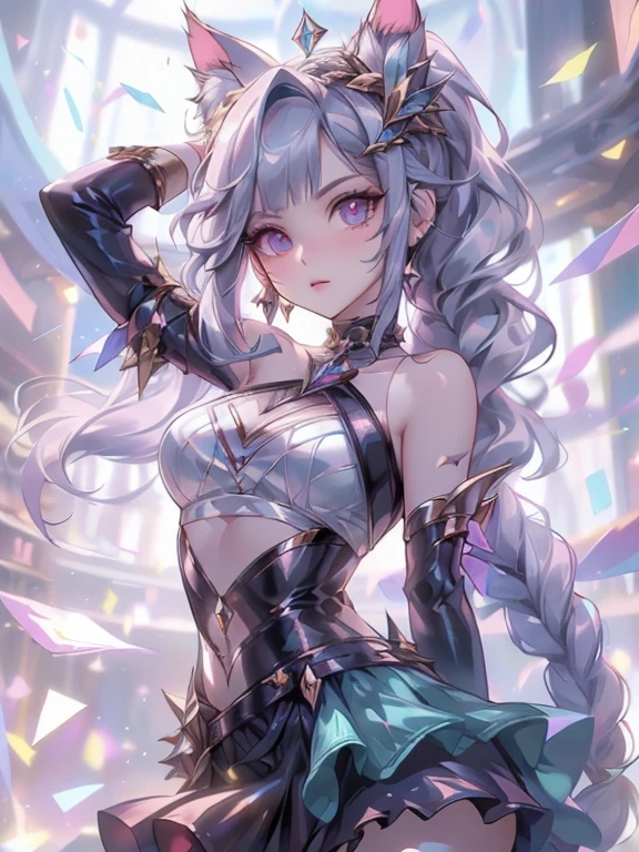 (tmasterpiece, Best quality at best, A high resolution: 1.2), 1 girl, Alone, dual horsetail, With gray eyes, The upper part of the body, a skirt, silber hair, Cat ears