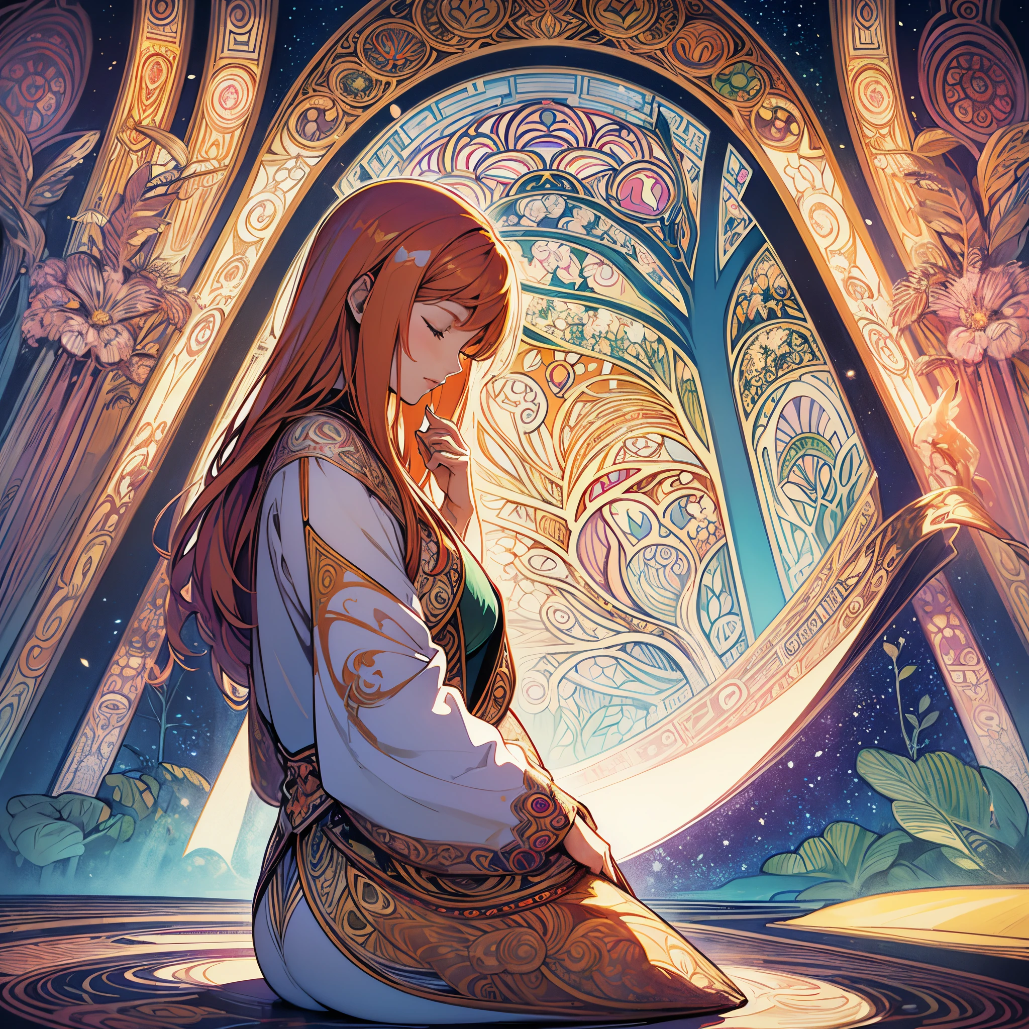 Psychedelic style super detailed illustration of a meditating woman, Beautiful ginger woman with straight hair, Calm face with closed eyes, A fusion of psychedelic art deco and art nouveau, art by：MSchiffer Important Windows, styled in Art Nouveau, prism art style,  Inspired by colorful nature、A large fox is drawn in the center, rounded top, Photorealistic