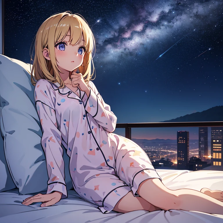 Vast landscape, girl looking up at the night sky, bedroom, cute pajamas, white breath, anxious eyes, sketch, transparent atmosphere, looking out the window, shooting star, lying on the bed,
break
Rim writing, nice hands, perfect;