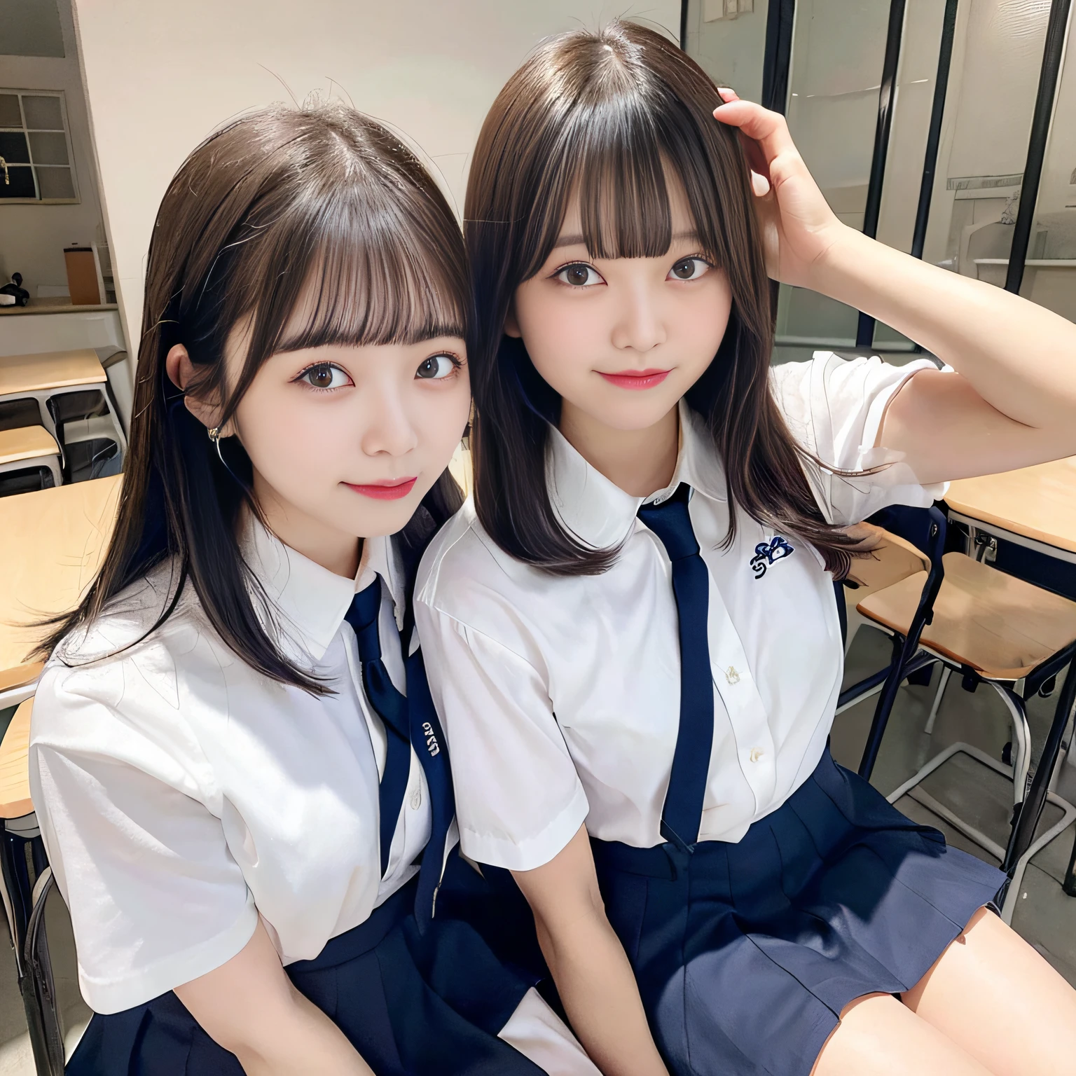 Female duo、23years old, school classrooms、high-school uniform:1.2,Dark blue skirt、Bob Layer Cut、From the top、despise、White Short Sleeve Y-Shirt、shortsleeves、neck tie、Raw feet、Essential items for beautiful legs, Sit in a chair、超A high resolution, (Ecstasy:1.0), 1girl in, (sobbing:1.0), Dark hair, Dramatic Lighting, female dog, Normal-breasted,Shake your head、Laugh、great laughter、A smile、