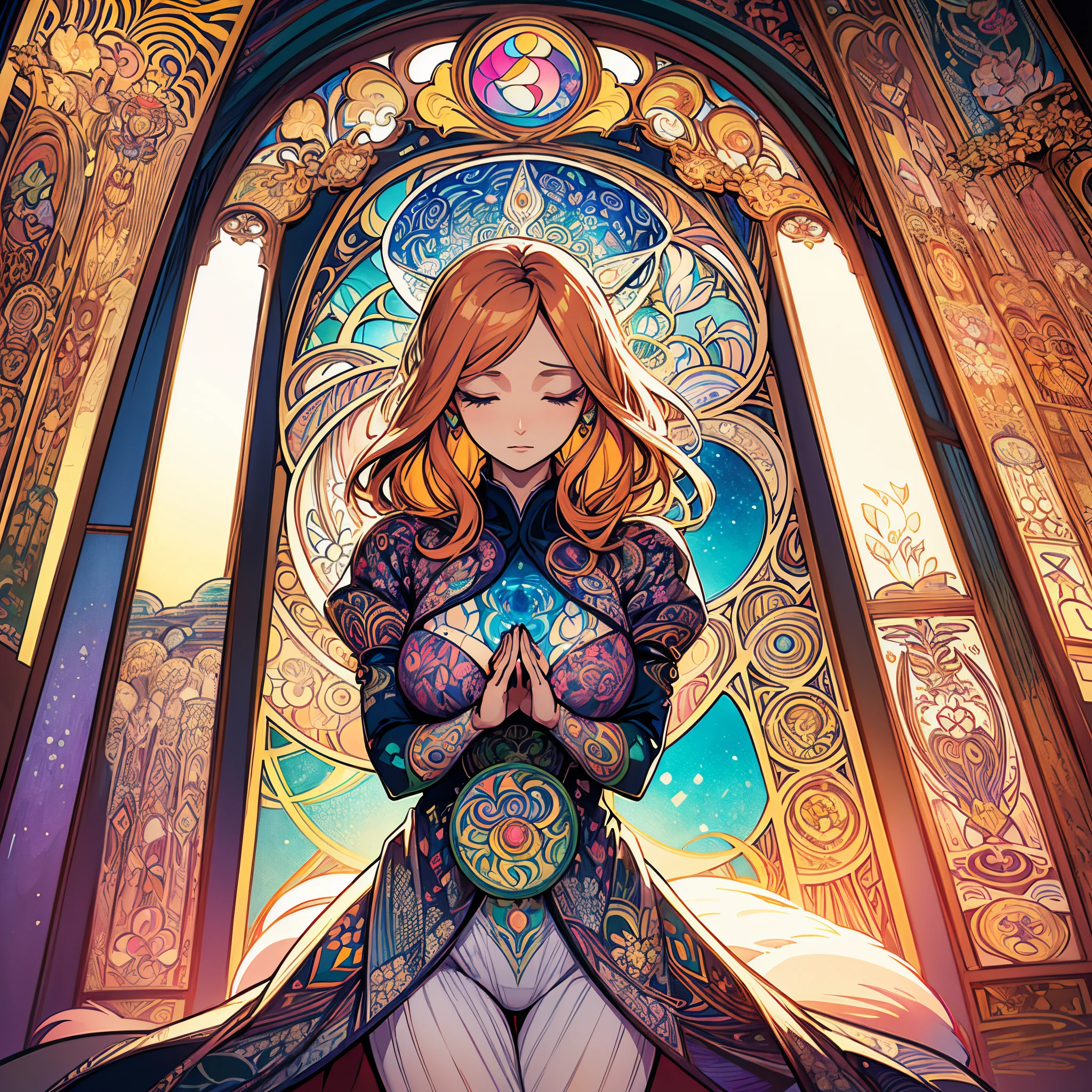 Psychedelic style super detailed illustration of a meditating woman, Beautiful ginger woman with straight hair, Calm face with closed eyes, A fusion of psychedelic art deco and art nouveau, art by:MSchiffer Important Windows, styled in Art Nouveau, prism art style, Inspired by colorful nature、A large fox is drawn in the center, rounded top, Photorealistic